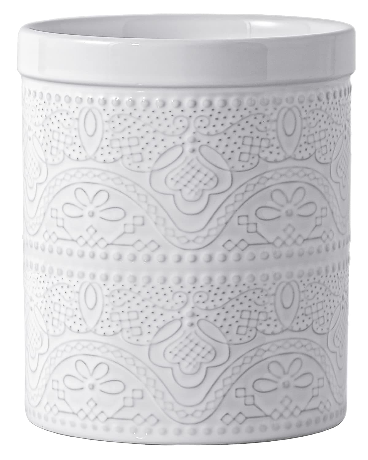 FE FUN ELEMENTS Kitchen Utensil Holder,7.2" Super Large Utensil Crock Heavy and Stable Lace Emboss Ceramic Utensil Holder for Countertop (Bright White)