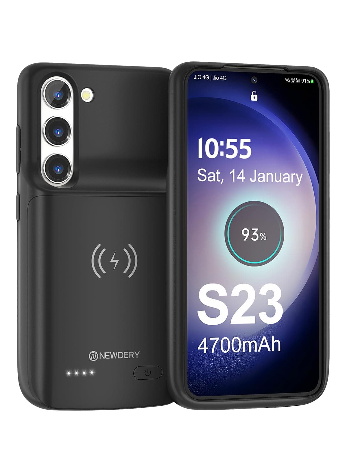 NEWDERY Battery Case for Samsung Galaxy S23, Qi Wireless Charging, Fast Charging, Sync Data Supported, 4700mAh Ultra Slim Portable Rechargeble Charger Case for S23 6.1" Black(Not for S23 Ultra/Plus