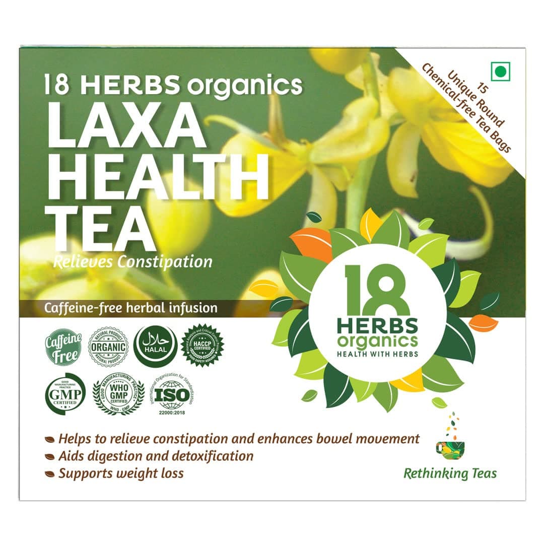 18 Herbs Organics Laxa Health Tea (15 Tea Bags -21 grams - Duplex Carton - Pack of 1) Herbal Tea With Laxatives For Constipation - Chemical Free Unique Round Detox Tea Bags | Enhances Bowel Movement