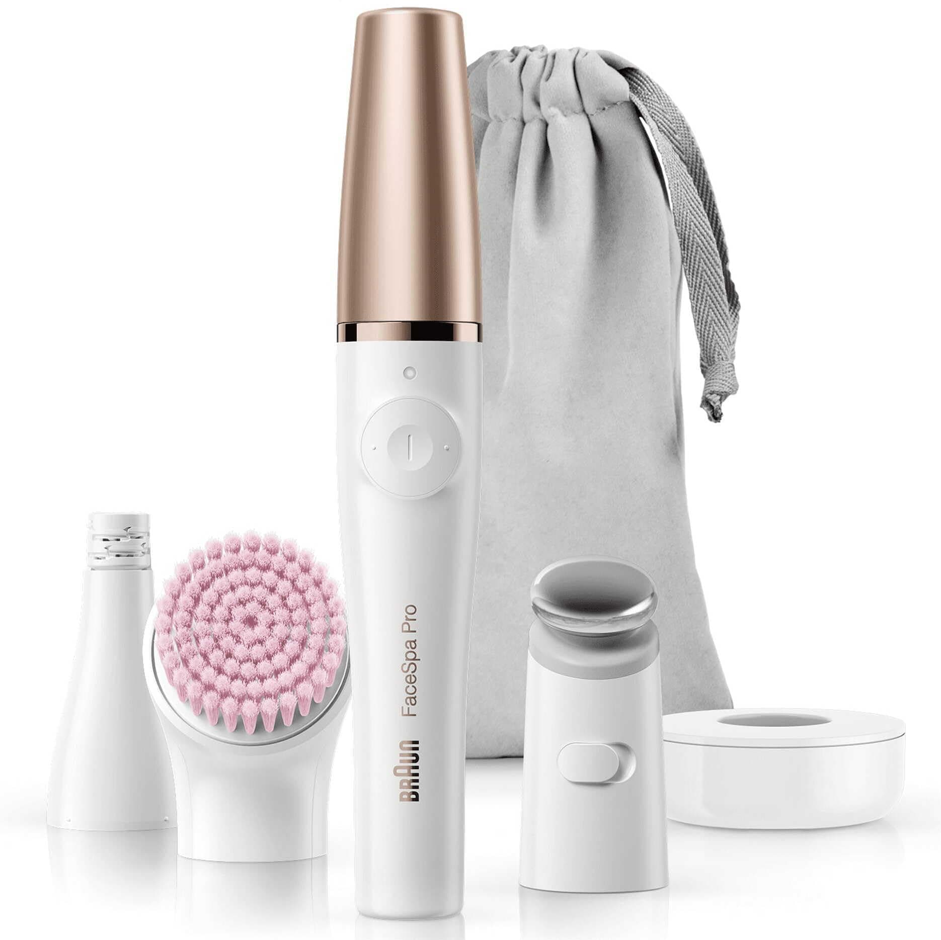 FaceSpa Face Epilator, Hair Removal with Facial Cleansing Brush Head, Toning Head & Charger Stand, Wet & Dry, SE912, White/Bronze