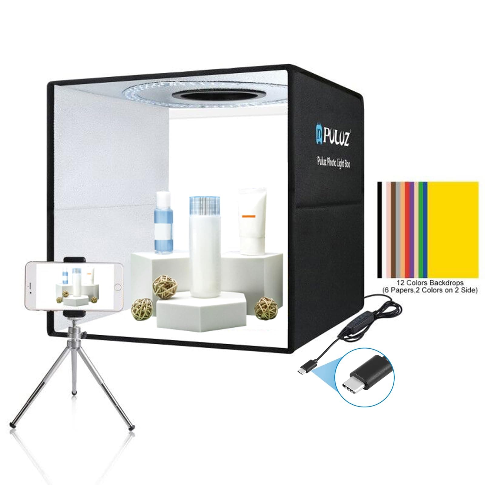 Photo Studio Box, PULUZ Mini Folding Lightbox LED Ring Light Portable Photo Studio Photography Shooting Tent Box Kit 12 Colors Backdrops USB Light Box for Phones DSLR Camera (15.8 x 15.8 inch)