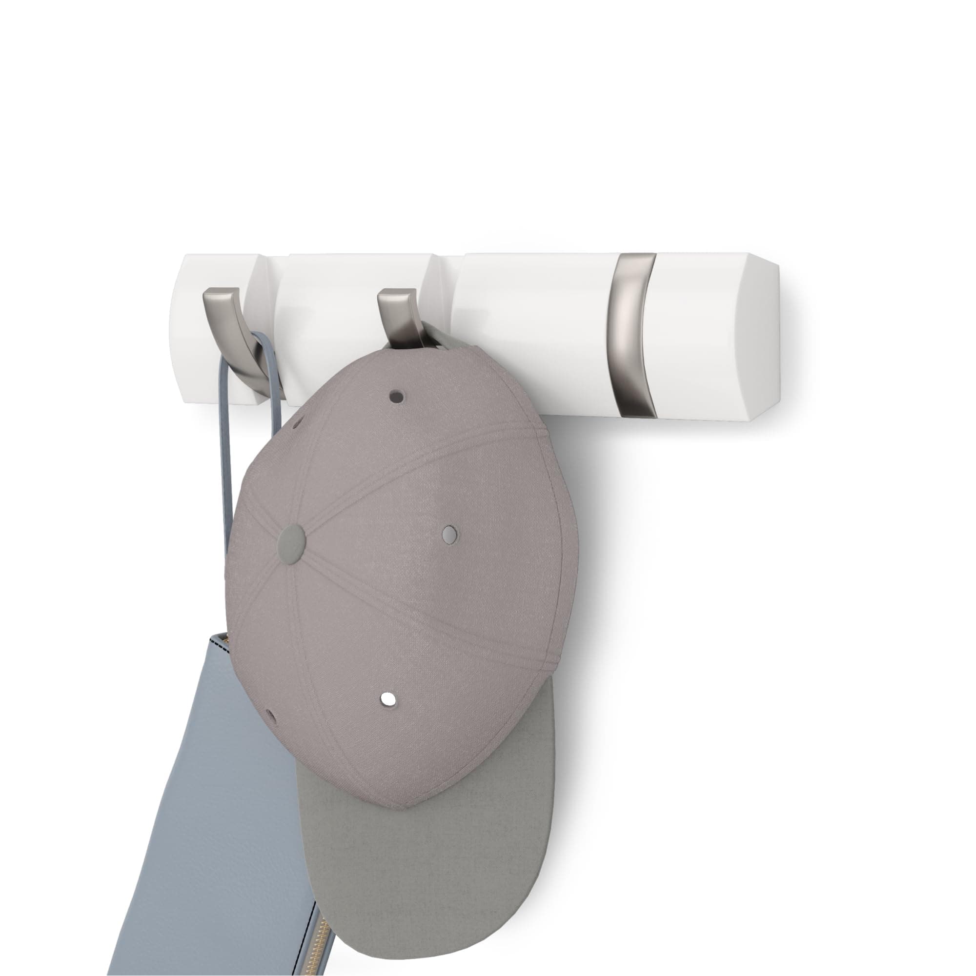 Umbra Flip Wall-Mounted Coat Rack with 3 Hooks – Modern, Space-Saving Storage for Hats, Jackets, Bags, Entryway, Mudroom, Closet, Bathroom, Bedroom – White/Nickel