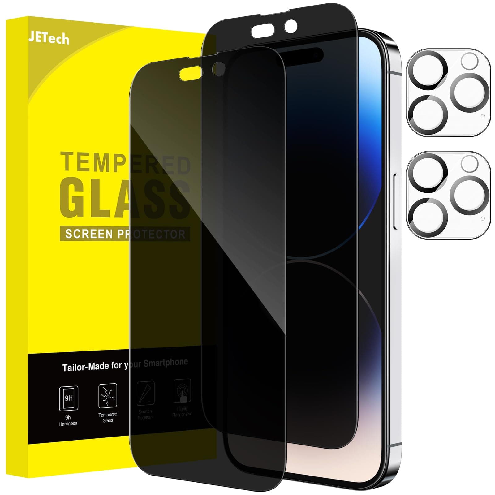 JETech Privacy Full Coverage Screen Protector for iPhone 14 Pro Max 6.7-Inch, with Camera Lens Protector, Anti-Spy Tempered Glass Film, 2-Pack Each