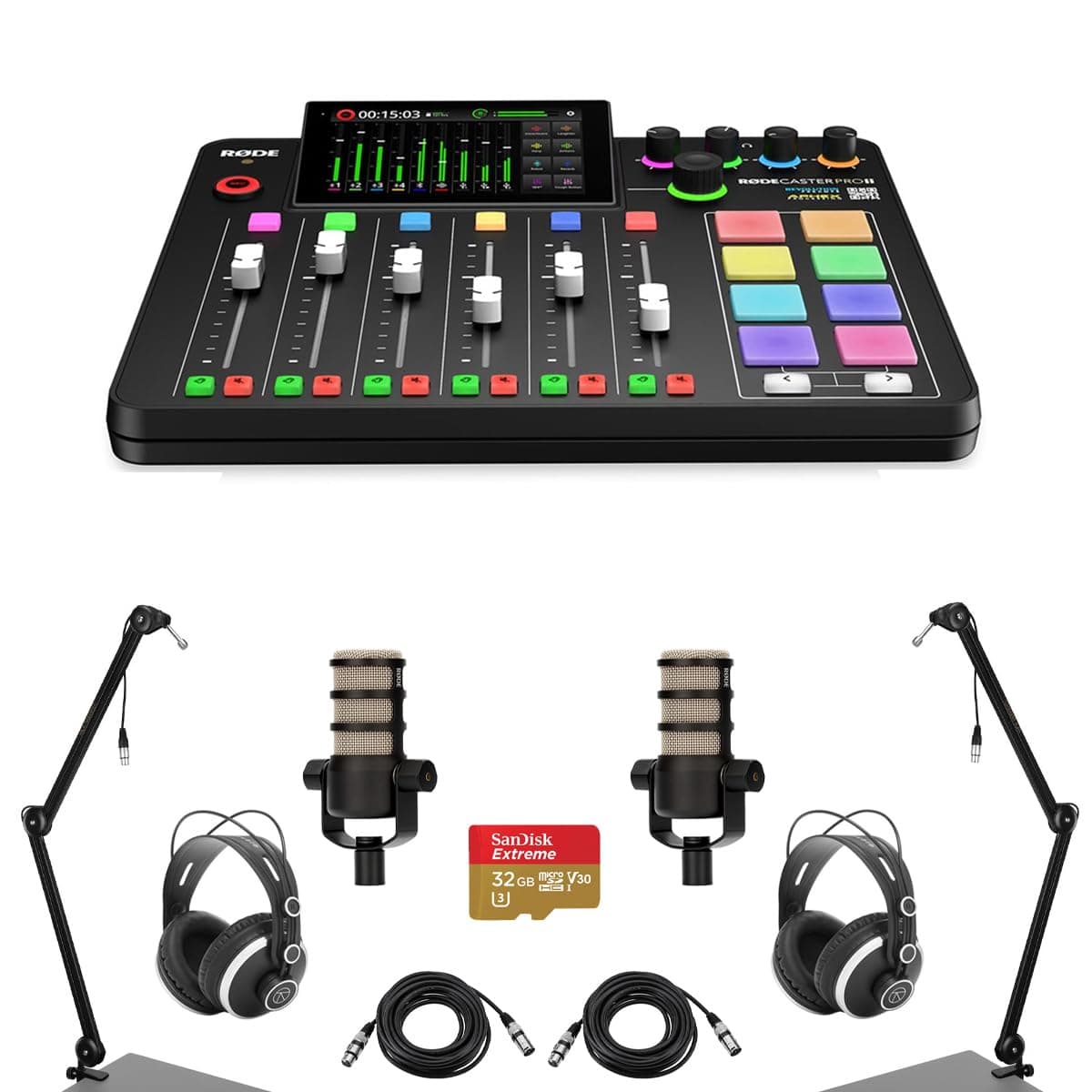 RODECaster Pro II Integrated Audio Production Studio Console Bundle with 2x PodMic Microphone, TAPH500 Headphones, Broadcast Arm, M to F XLR Cable, 32BG microSD Card