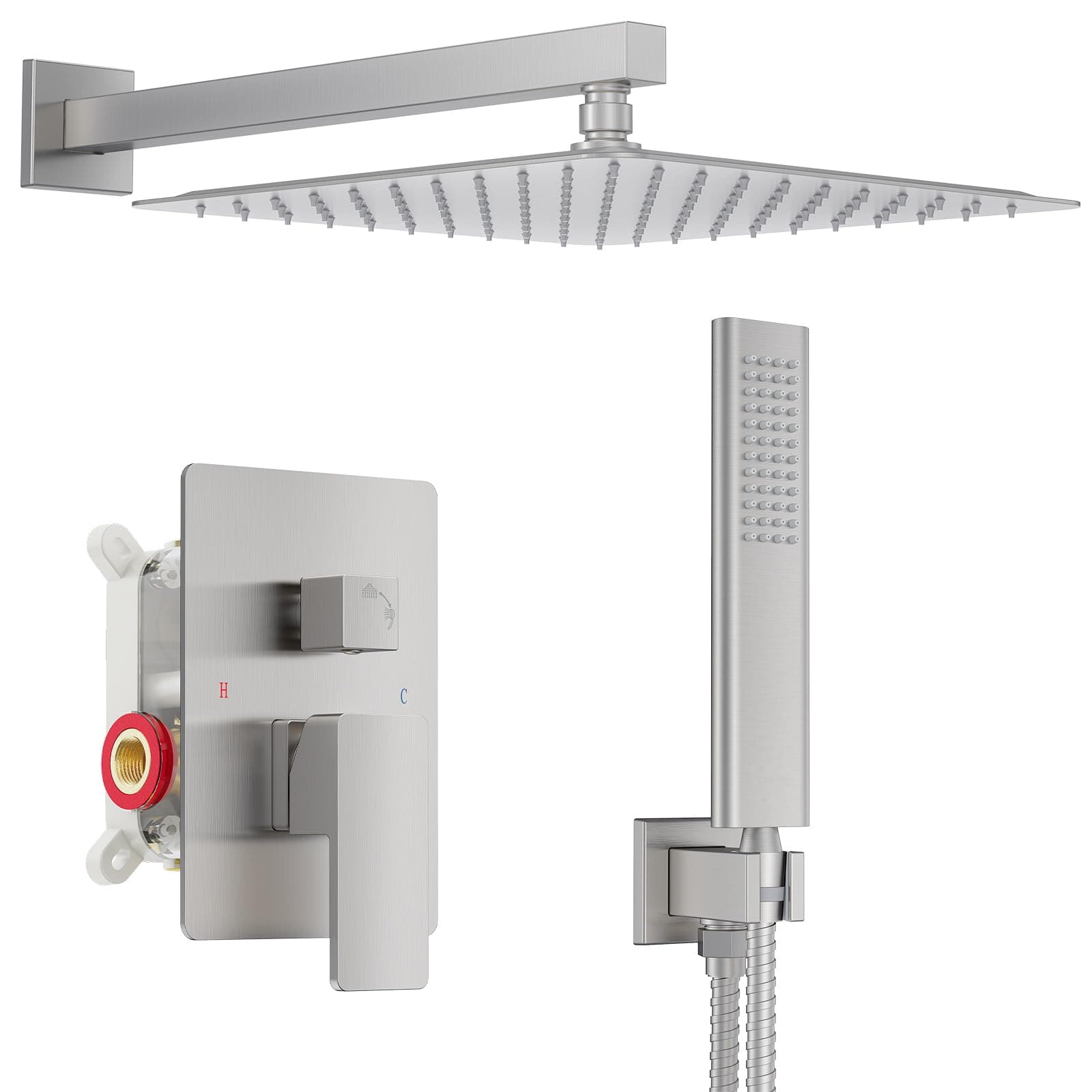 12 Inch Square Brushed Nickel Dual Function Shower System