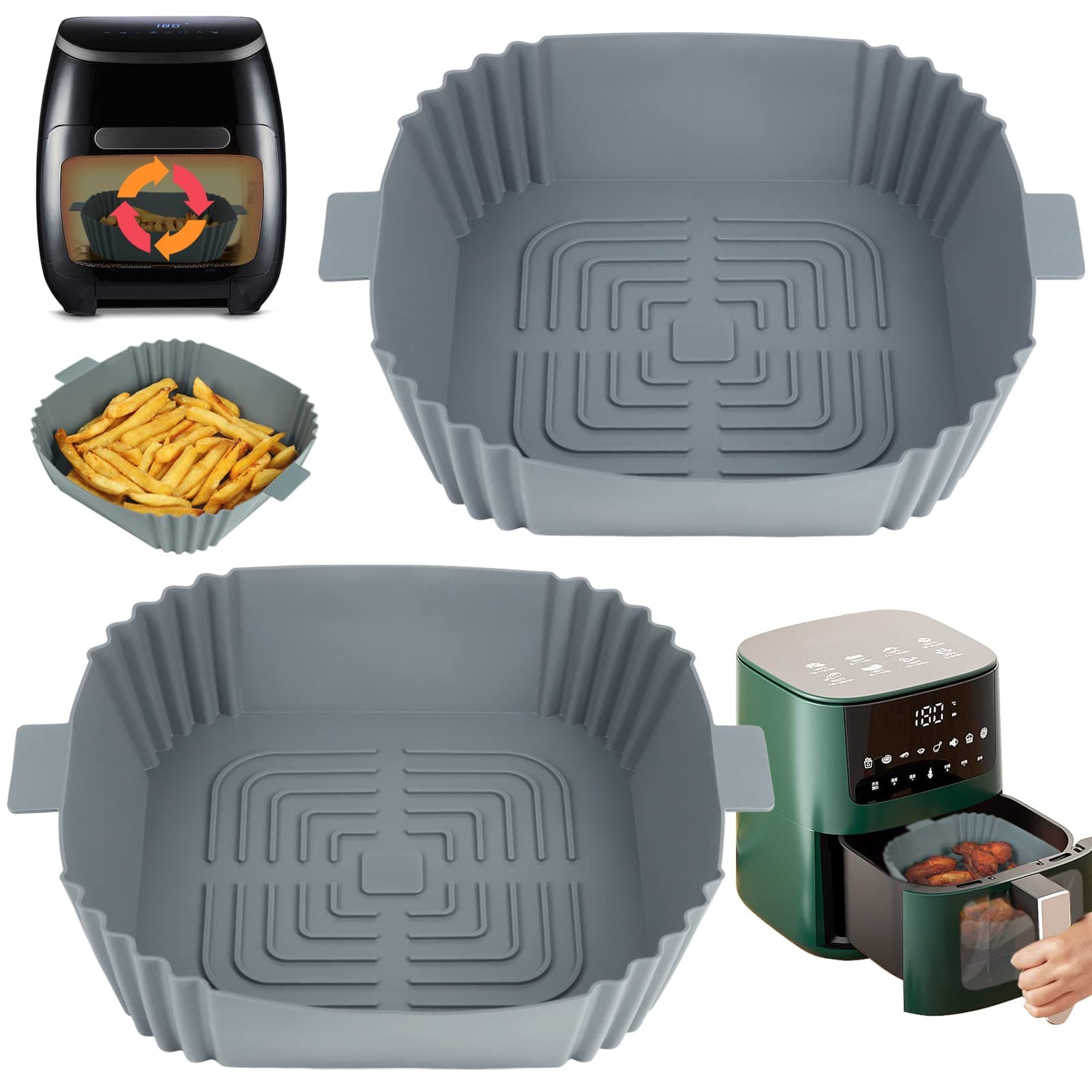 YQL Silicone Air Fryer Liners Square for Baskets 3.5L-5.5L, Non-Stick Silicone Trays | Inner Size: 6.5Inch | 2PCS Reusable Air Fryer Accessories for COSORI, Ninja, Tefal, Tower, Chefman,Russell Hobbs