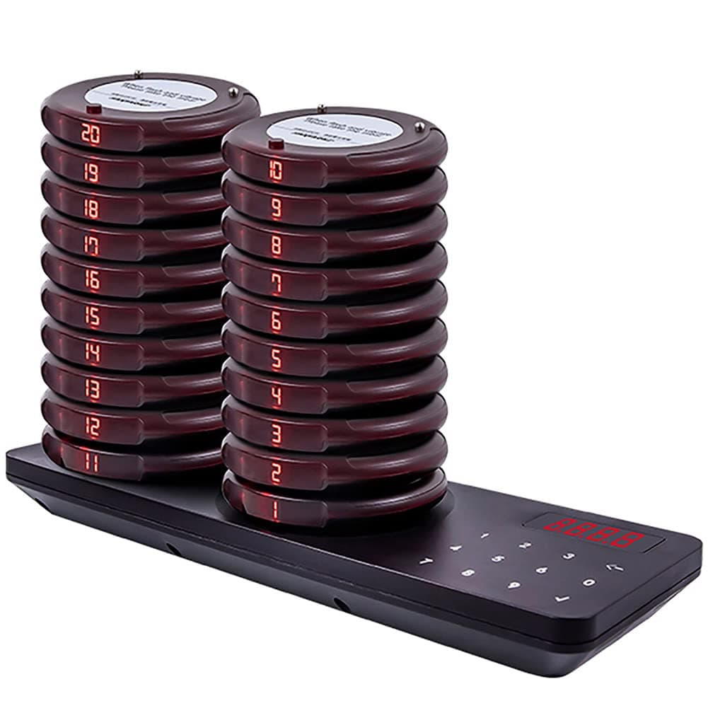 Pager System, Mini Wireless Calling System, 20 Coasters, 4 Calling Modes, 400M distance, Touch Screen Easy Use Hospital, Restaurant, Snack, Bar, 250s Duration 20H Standby
