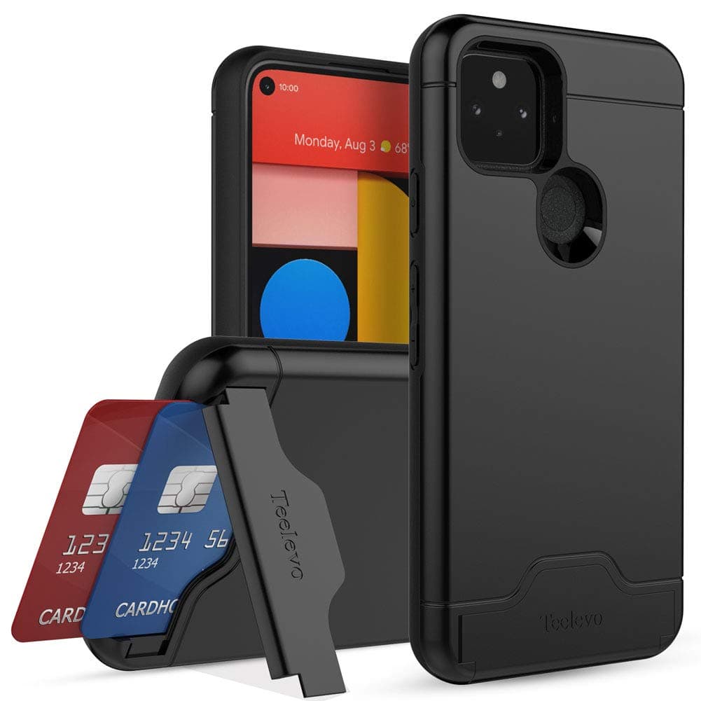 Teelevo Wallet Case for Google Pixel 5, Dual Layer Case with Card Slot Holder and Kickstand for Google Pixel 5 - Black
