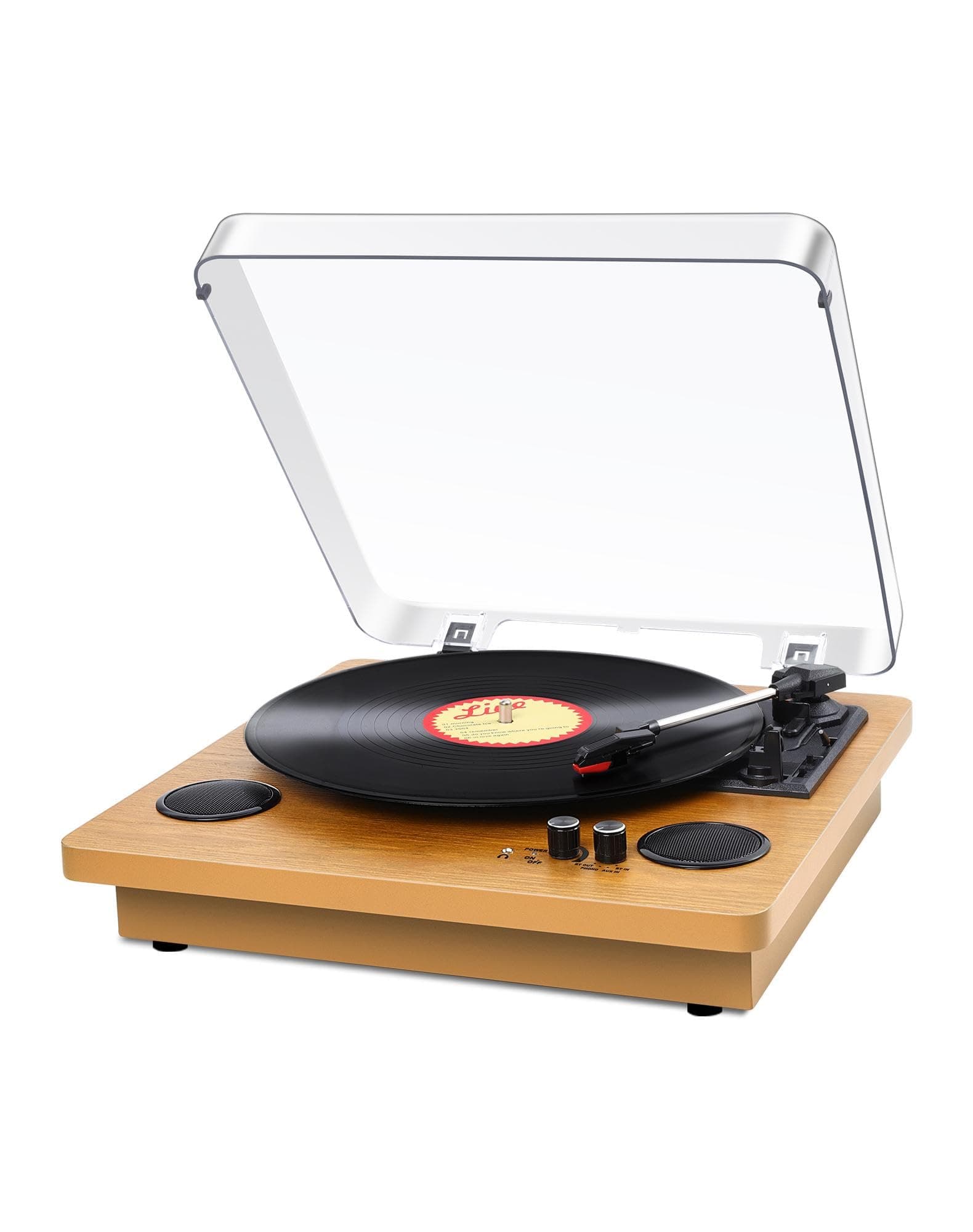 VIFLYKOO Record Player, Bluetooth Portable Vinyl Turntable Digital Encoder Built-in Stereo Speaker and Belt Drive,Aux-In,RCA Output,3 speed 33/45/78 RPM - Natural Wood