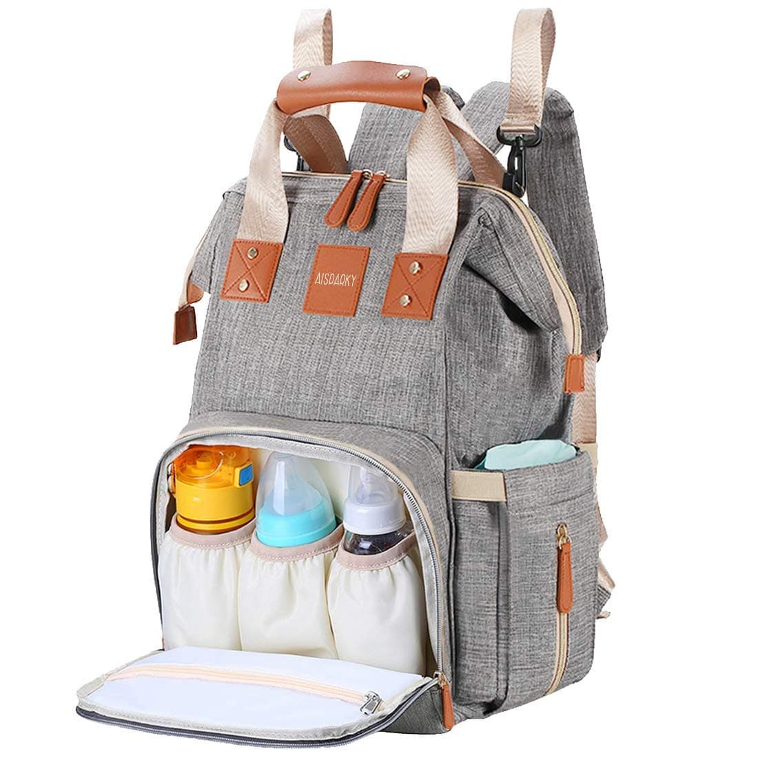 AISPARKY Diaper Bag Nappy Backpack Multi-Function Waterproof Travel Nappy Bag for Baby Care, Large Capacity, Durable and Stylish Changing Bag for Mom and Dad (Grey/Gold)