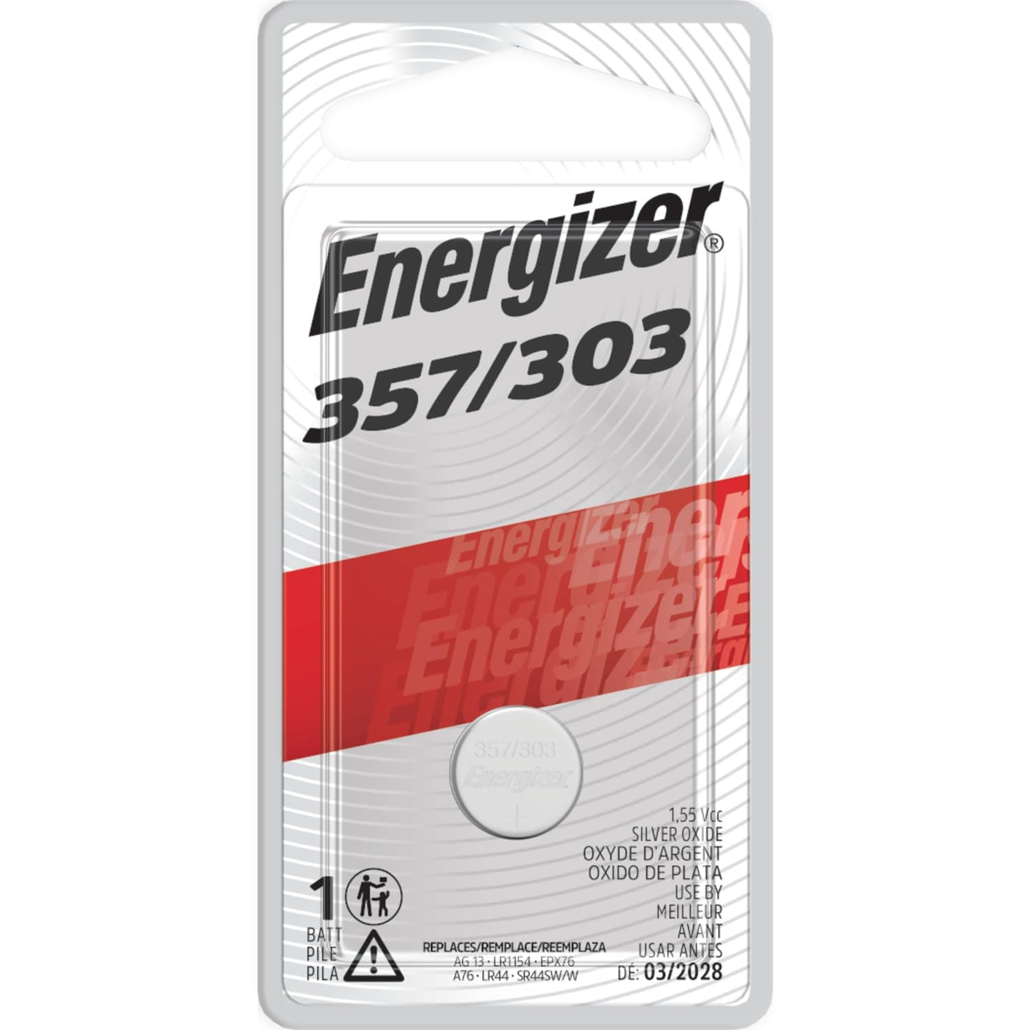 Energizer 357/303 Batteries (1 Pack), 1.5V Silver Oxide Button Cell Batteries