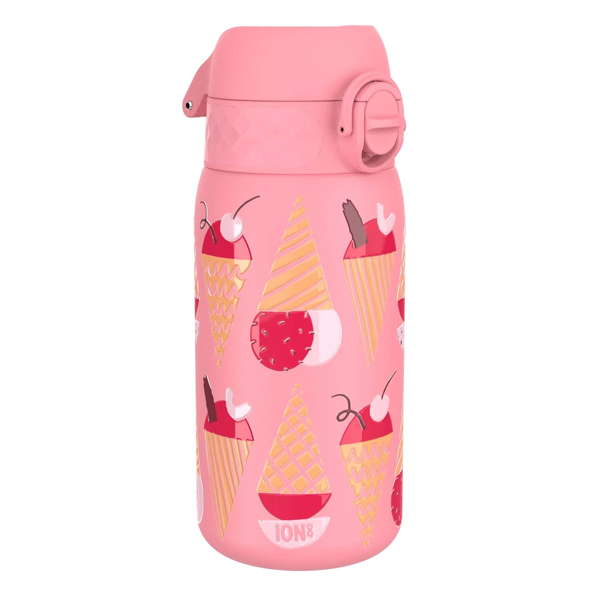 Kids Water Bottle, Steel 400 ml/13 oz, Leak Proof, Easy to Open, Secure Lock, Dishwasher Safe, Flip Cover, Carry Handle, Easy Clean, Durable, Scratch Resistant, Raised Print, Ice Creams Design