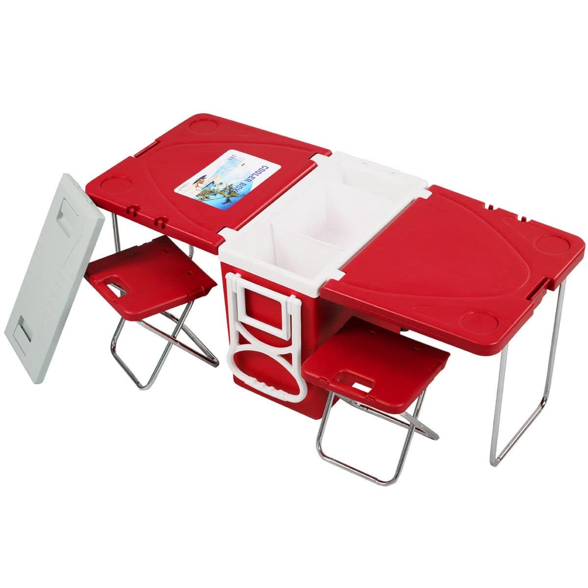 Red , Outdoor w/ Table & 2 Chairs Multi Function Rolling Cooler Picnic Camping