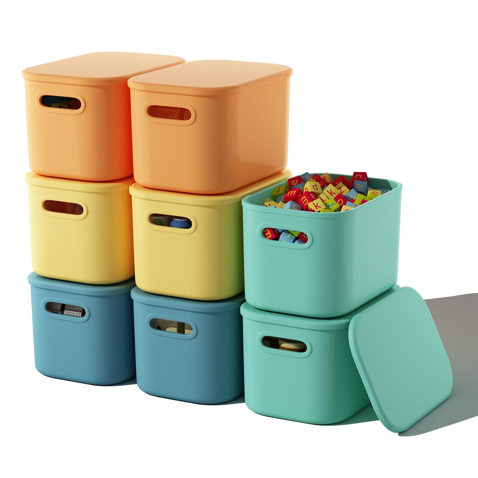 8 Pack Colorful Storage Bins with Lids Stackable Storage Container for Organizing, Storage Boxes with Handle for Shelves, Cute Storage Bin for Craft, Snacks, 9.85x6.9x5.7 inch