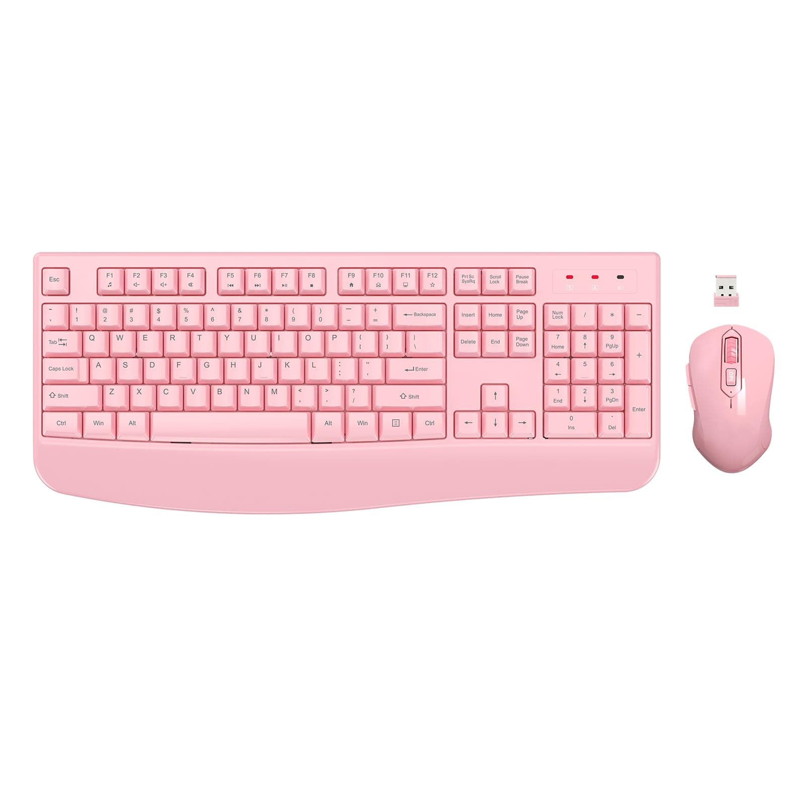Wireless Keyboard and Mouse Combo, EDJO 2.4G Full-Sized Ergonomic Computer Keyboard with Wrist Rest and 3 Level DPI Adjustable Wireless Mouse for Windows, Mac OS Desktop/Laptop/PC (Pink)
