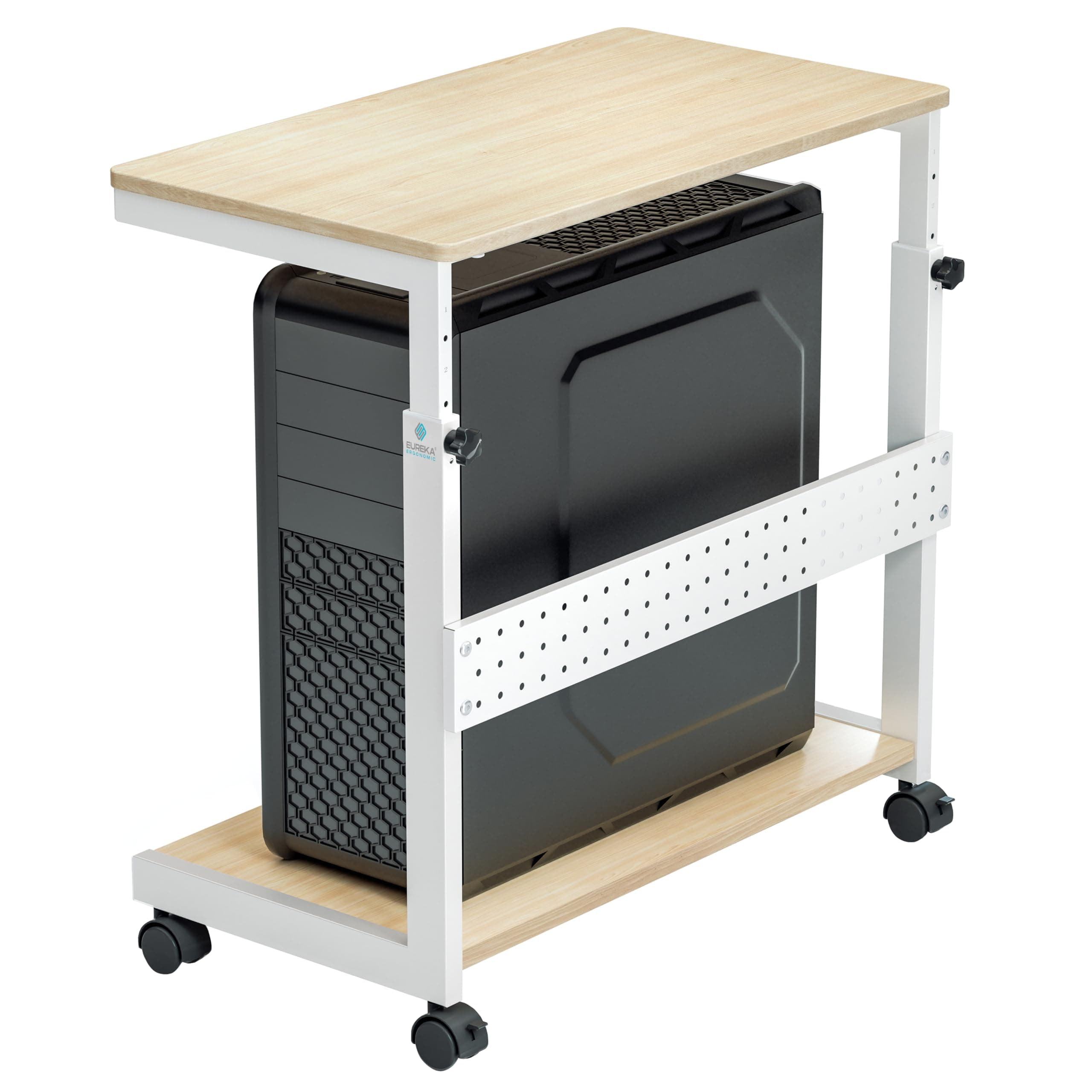 EUREKA ERGONOMIC Height Adjustable Computer Tower Stand, 2-Tier Full ATX-Case CPU Cart PC Holder Under Desk Mobile Laptop Standing Table Home Office Gaming Accessories w/Rolling Wheels &Mouse Pad, Oak