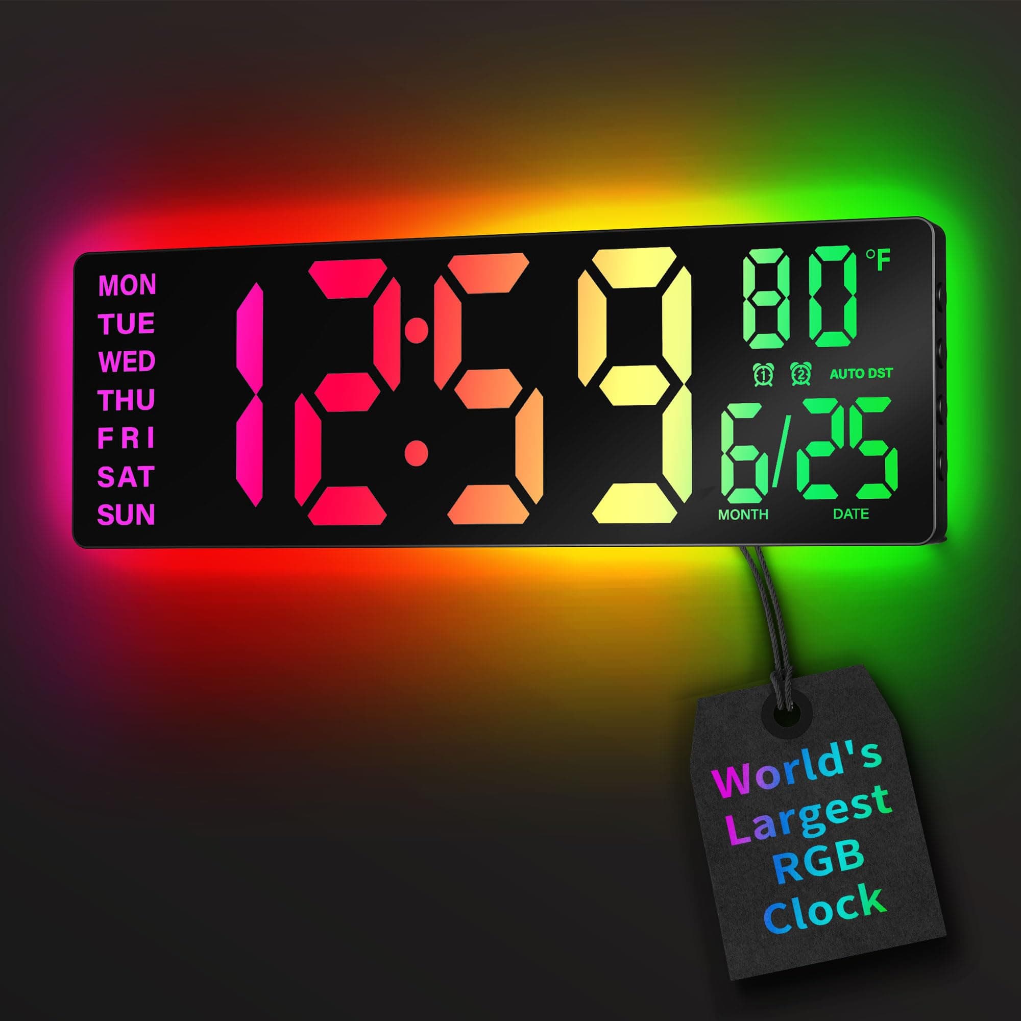 16.5" Large Digital Wall Clock with BT Sync, RGB Lights with 11 Scenes Mode Remote Control, Dual Alarms with Big LED Display, Auto DST, Temperature for Classroom Gaming