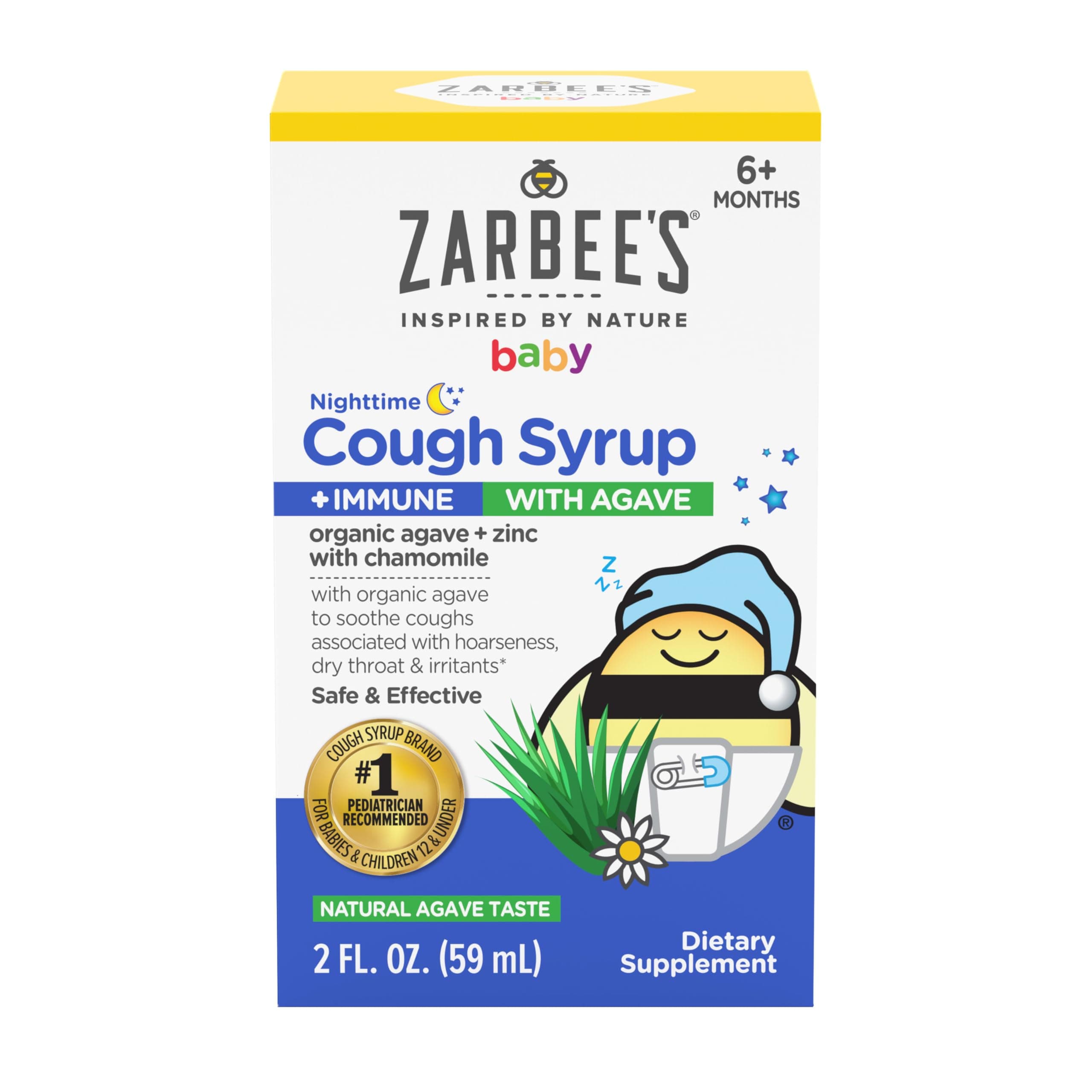 Zarbee's Baby Nighttime Cough Syrup + Immune, Baby Cough Syrup, Organic Agave + Zinc & Chamomile, No Drugs or Artificial Flavors, Natural Agave Taste, 2 fl. oz