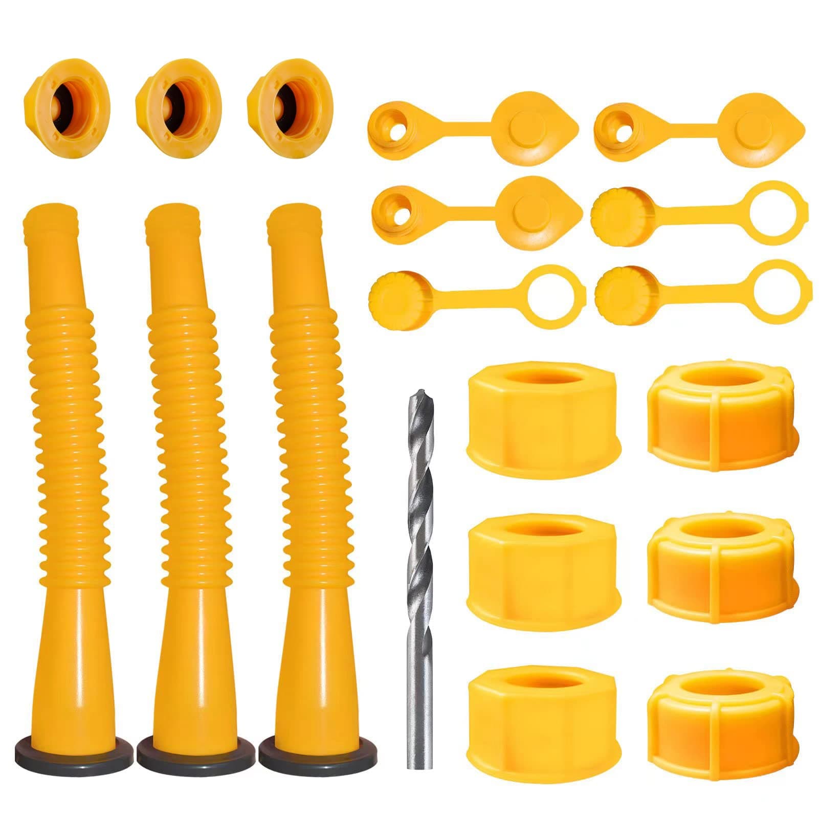 Gas Can Spout Replacement, Gas Can Nozzle Replacement (3 Kits-Yellow). for 1/2/5/10 gallon gas cans. Upgraded replacement gas can spout with flexible nozzle, vent cap, thick rubber pad, spout cover
