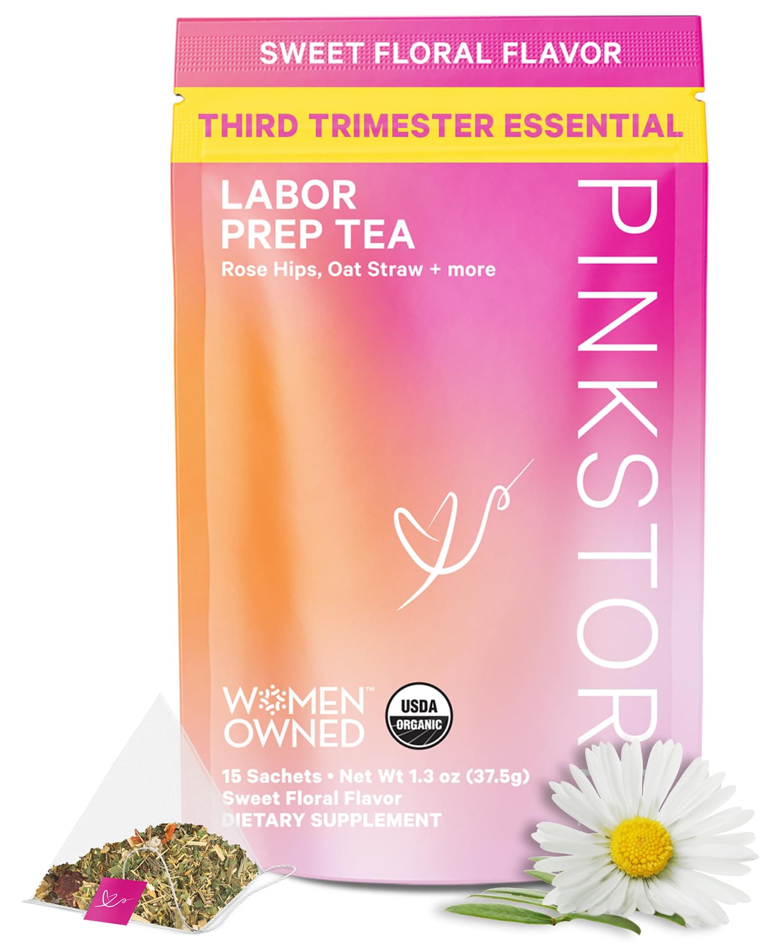 Pink Stork Labor Prep Tea, Organic Red Raspberry Leaf with Chamomile and Rosehip, Caffeine-Free, Pregnancy Must Haves, Labor and Delivery Essentials, Third Trimester Pregnancy - 15 Sachets | Organic, Caffeine-Free, Pregnancy Must Haves