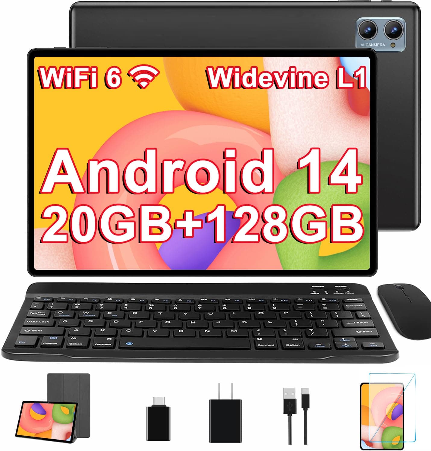 2025 10 Inch Android Tablet 14 Tablets with Keyboard Mouse, 20GB RAM 128GB ROM 1TB Expand Tablet 2 in 1 Octa-core 6000mAh, HD IPS Screen, Widevine L1, 5G WiFi 6, Dual Camera, GMS (Black)