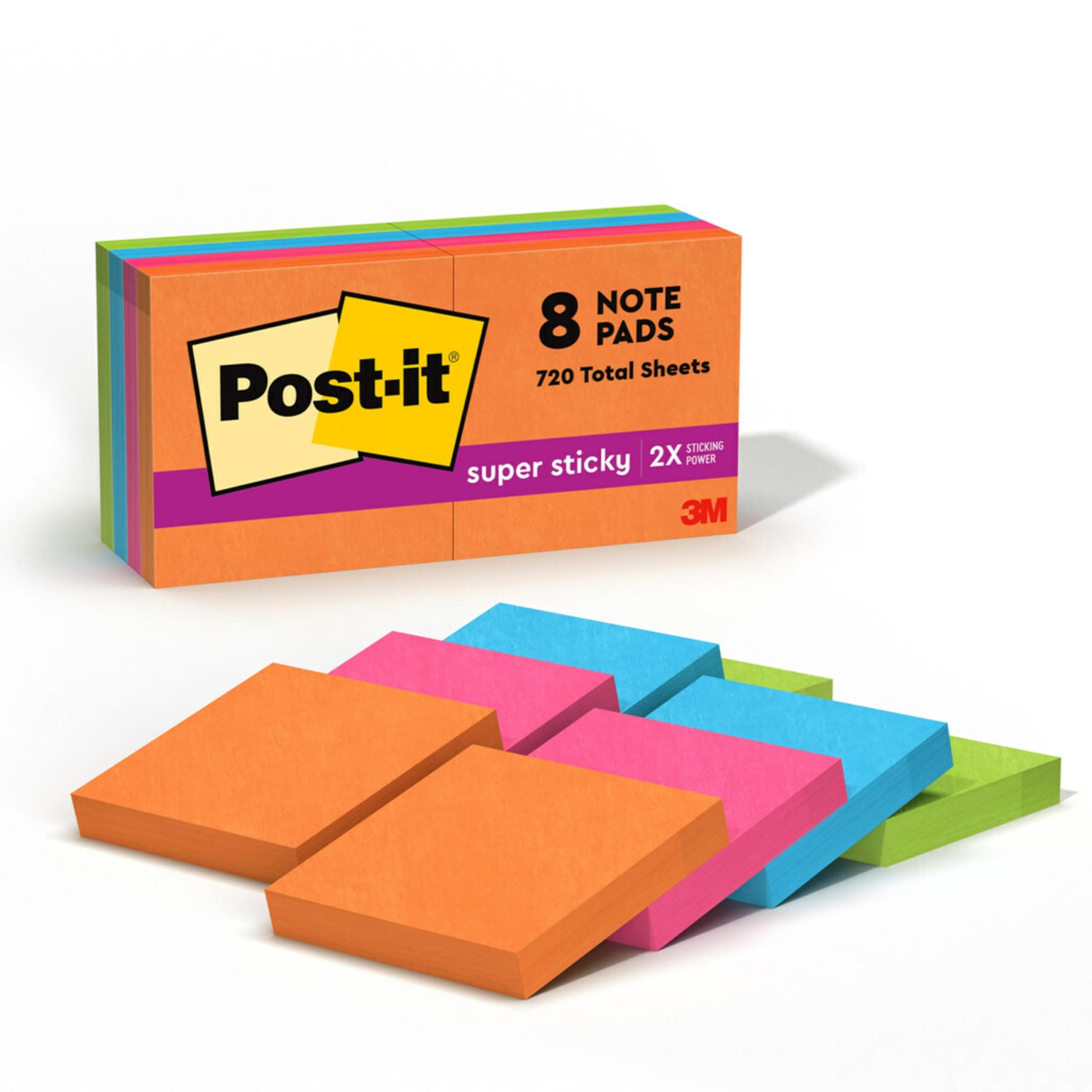 Super Sticky Notes, 8 Sticky Note Pads, 1.875 x 1.875 in., Ideal for Organization in Your Dorm, Home or Office, Energy Boost Collection
