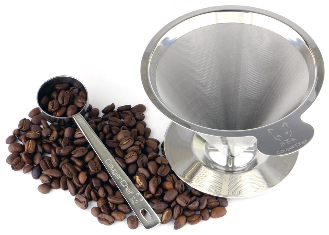 Single Cup Coffee Maker by Cougar Chef - Permanent, Paperless, Reusable Coffee Filter Cone - Double Mesh Stainless Steel Pour Over Coffee Dripper with Stand and Coffee Scoop