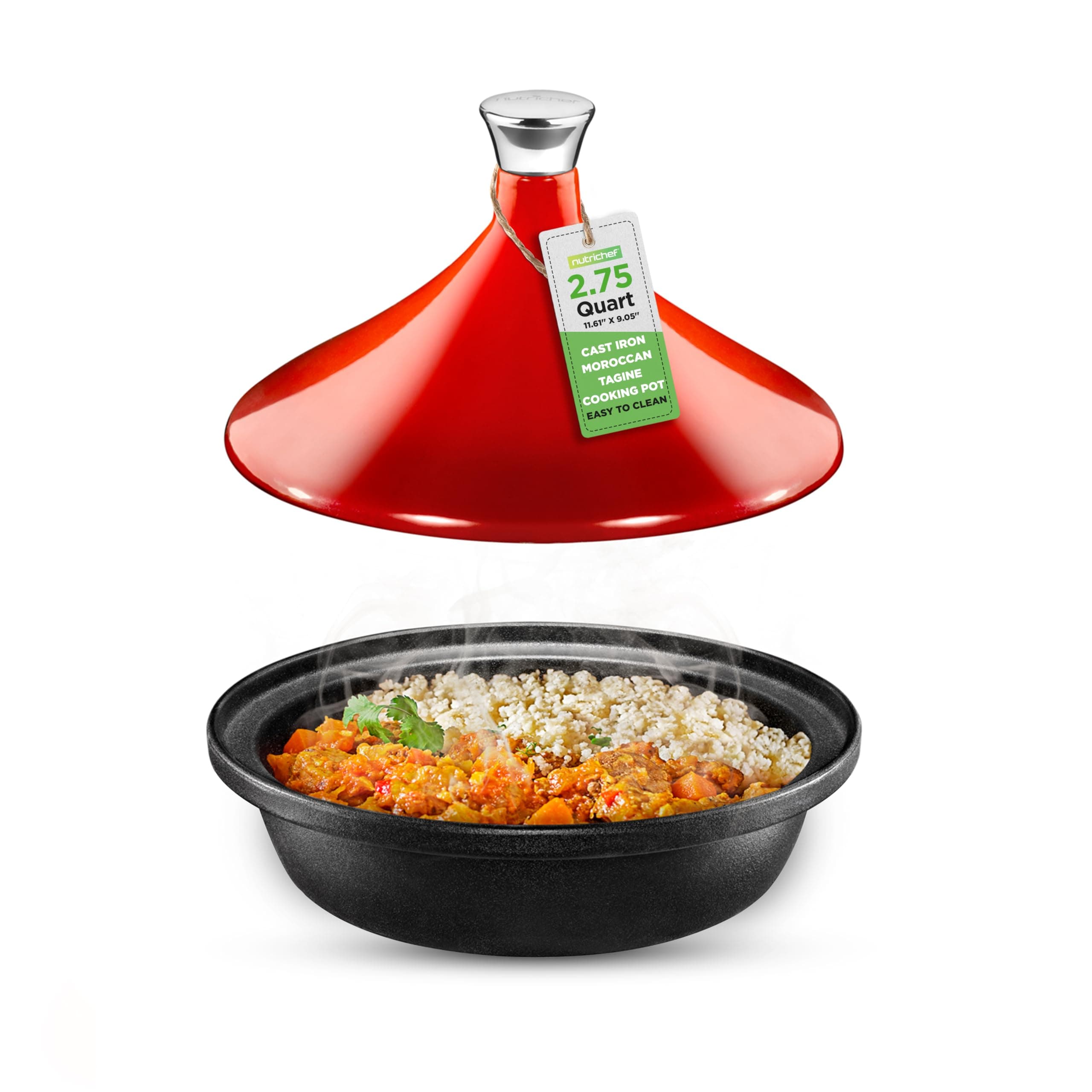 Moroccan Tagine Pot for Cooking - Premium Cast Iron Cooking Pot with Stainless Steel Knob and Red Cone-Shaped Porcelain Enameled Lid - 11.6" Width, 2.75 Qt