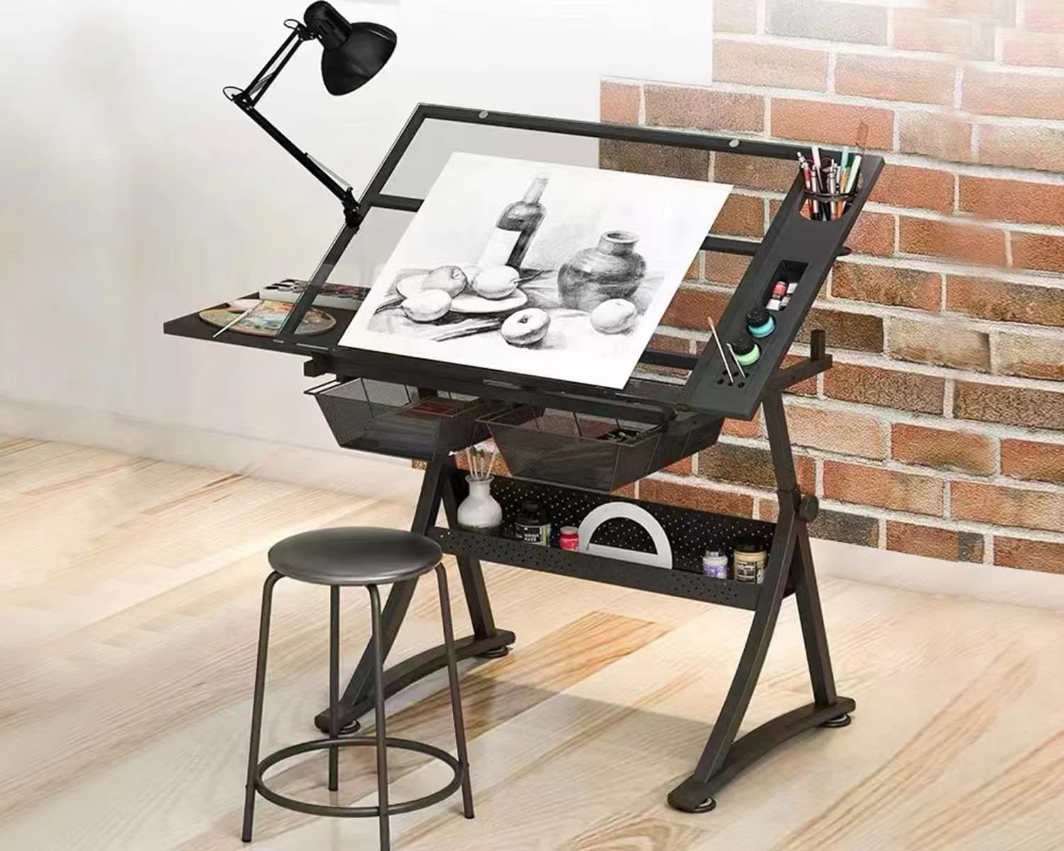 Glass Drafting Table Art Desk – Adjustable Professhional Artwork Drawing Drafting Table Desk, Glass-Topped Art Table for
