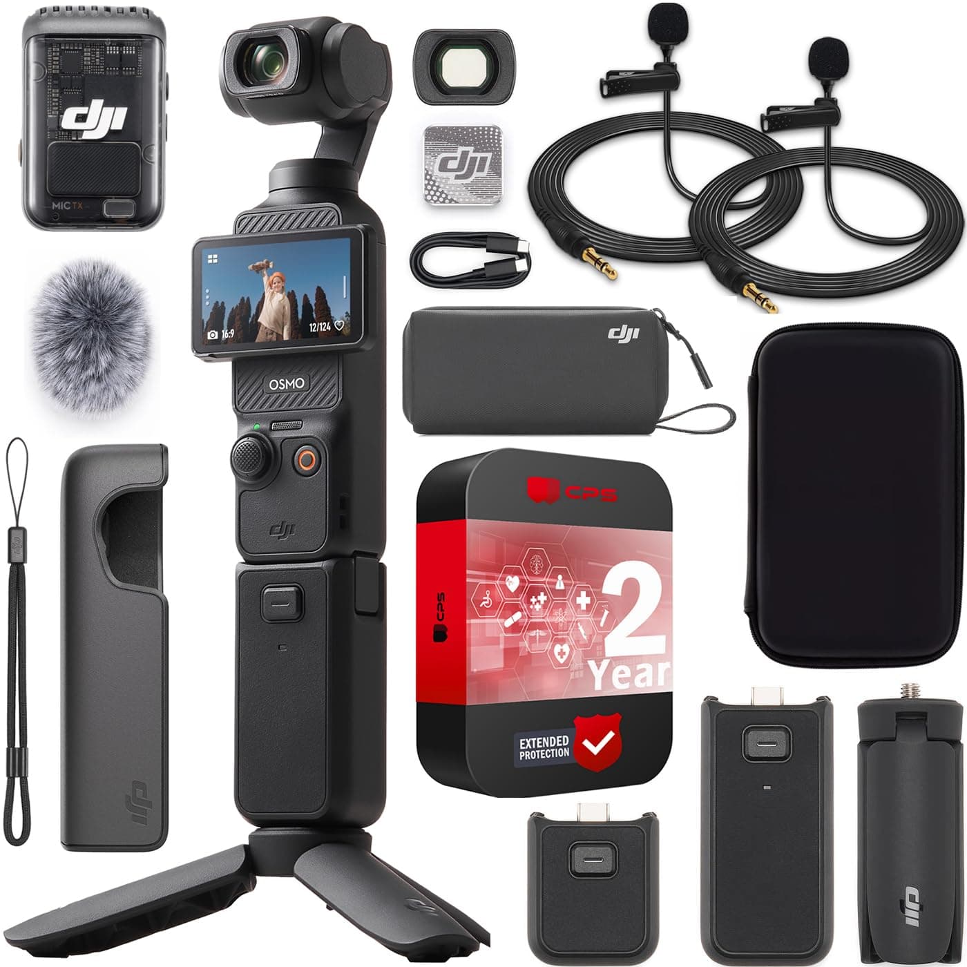 Osmo Pocket 3 Creator Combo Vlogging Camera with 1'' CMOS, 4K/120fps Video, 3-Axis Stabilization, Face/Object Tracking, Fast Focus, Mic 2 Bundle with Deco Essentials Case &2 Lapel Microphones