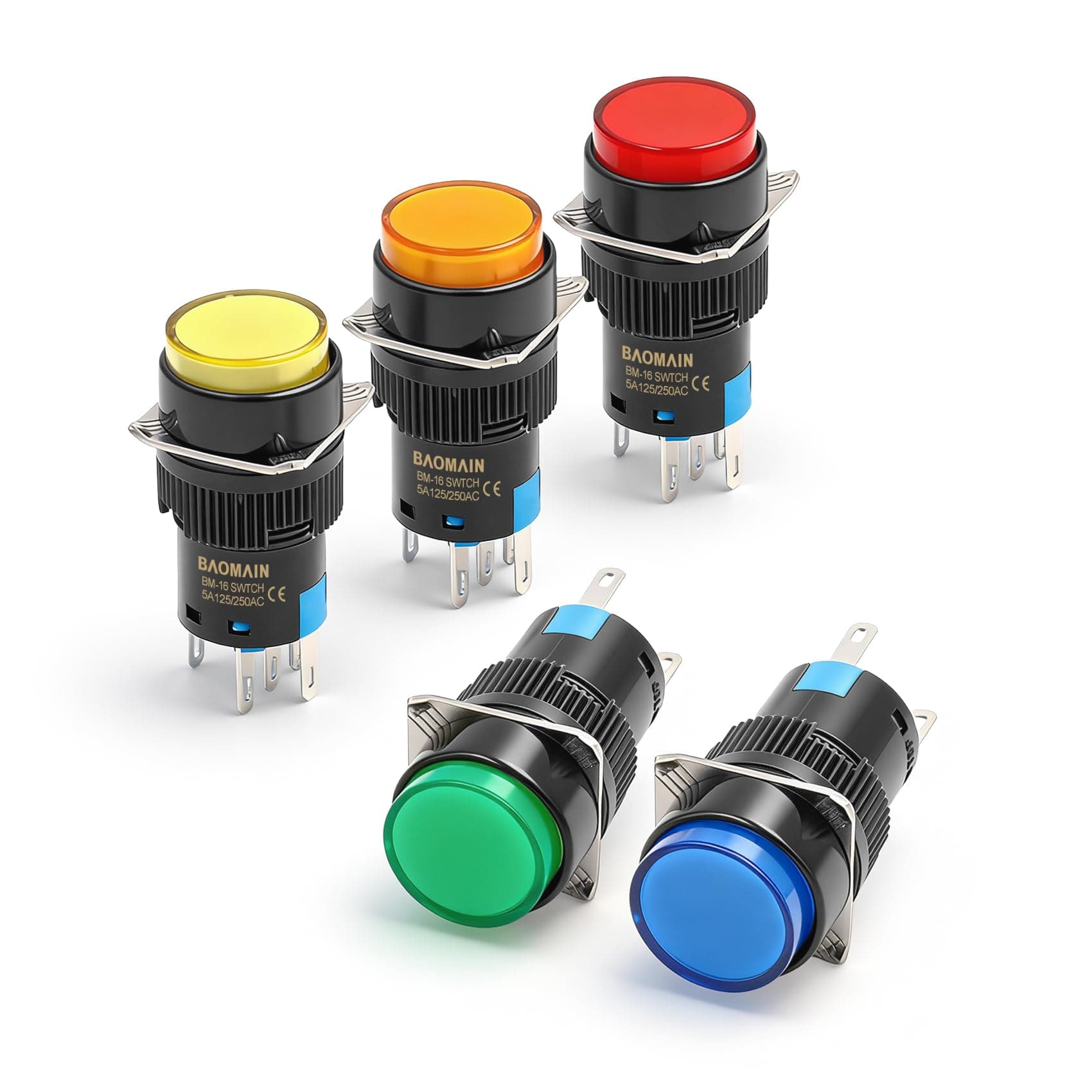 Baomain 5-Pack 16mm (5/8") 24V DC Momentary Push Button Switch with LED,5-Colors (Red,Yellow,Orange,Blue,Green) Round Cap,5-Pin SPDT 1NO+1NC,5A 250V AC