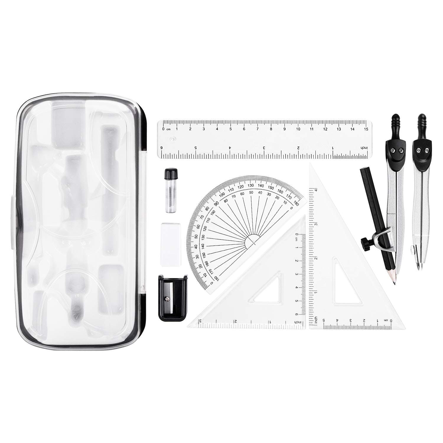 Amazon Basics 10-Piece Maths Kit - Includes Compasses, Lead, Rubber, Sharpener, Protractor, Triangles, Ruler and Carrying Box