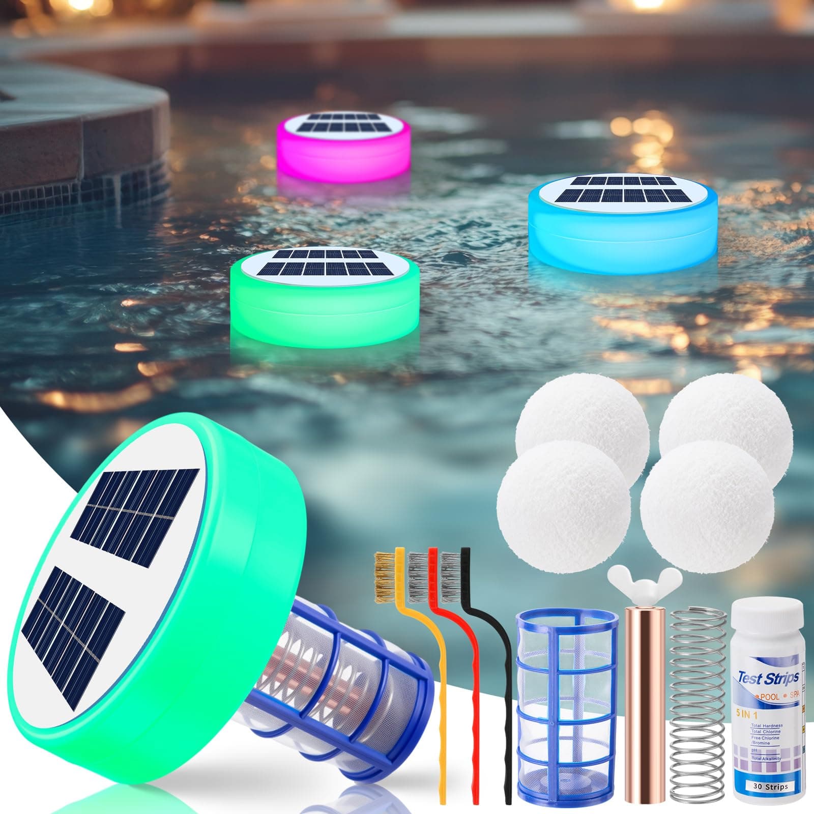 Qualirey Solar Pool Ionizer Automatic Floating Pool Cleaner, Pool Water Purifier Ionizer with 4 Pcs Scum Eliminating Ball, for Above Ground and Inground Pools, up to 35, 000 Gallons (with LED Light)