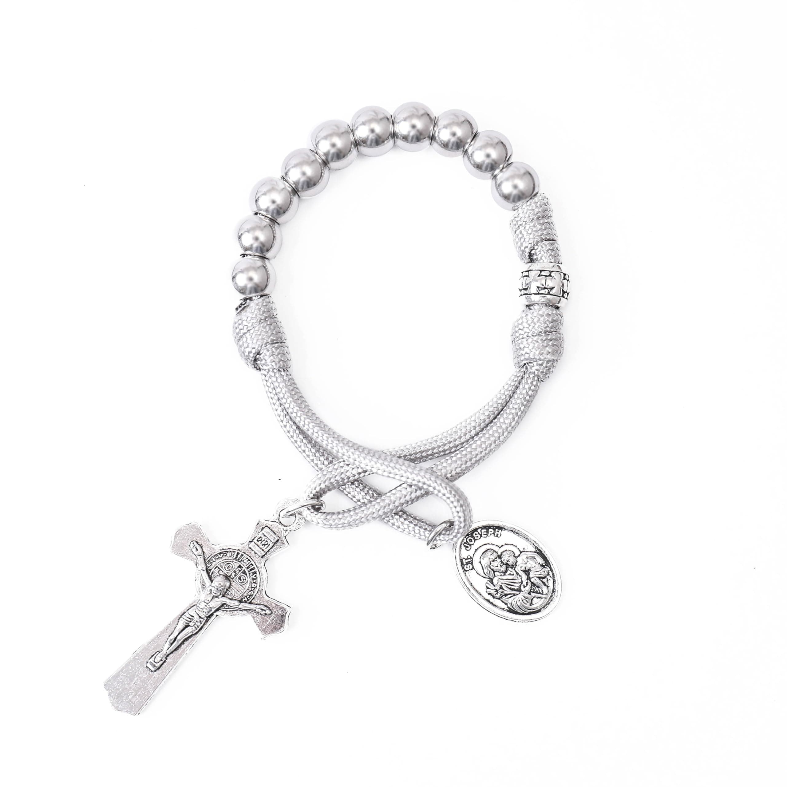 Olive Military One Decade Paracord Rosary Silver Beads Pocket Car Rosary Pray For Us St. Joseph Medal & St. Benedict Cross