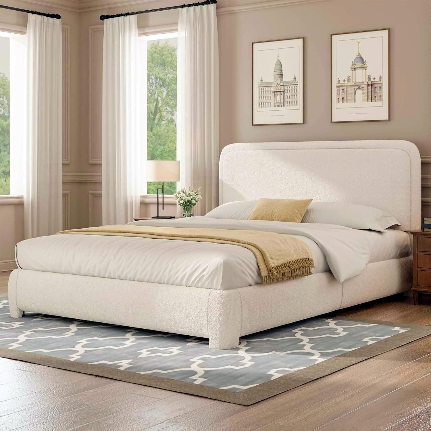 Queen Size Boucle Bed Frame with Headboard, Upholstered Platform Bed with Wood Slats, Soft Rounded Corners, No Box Spring Required, Easy Assembly, Cream