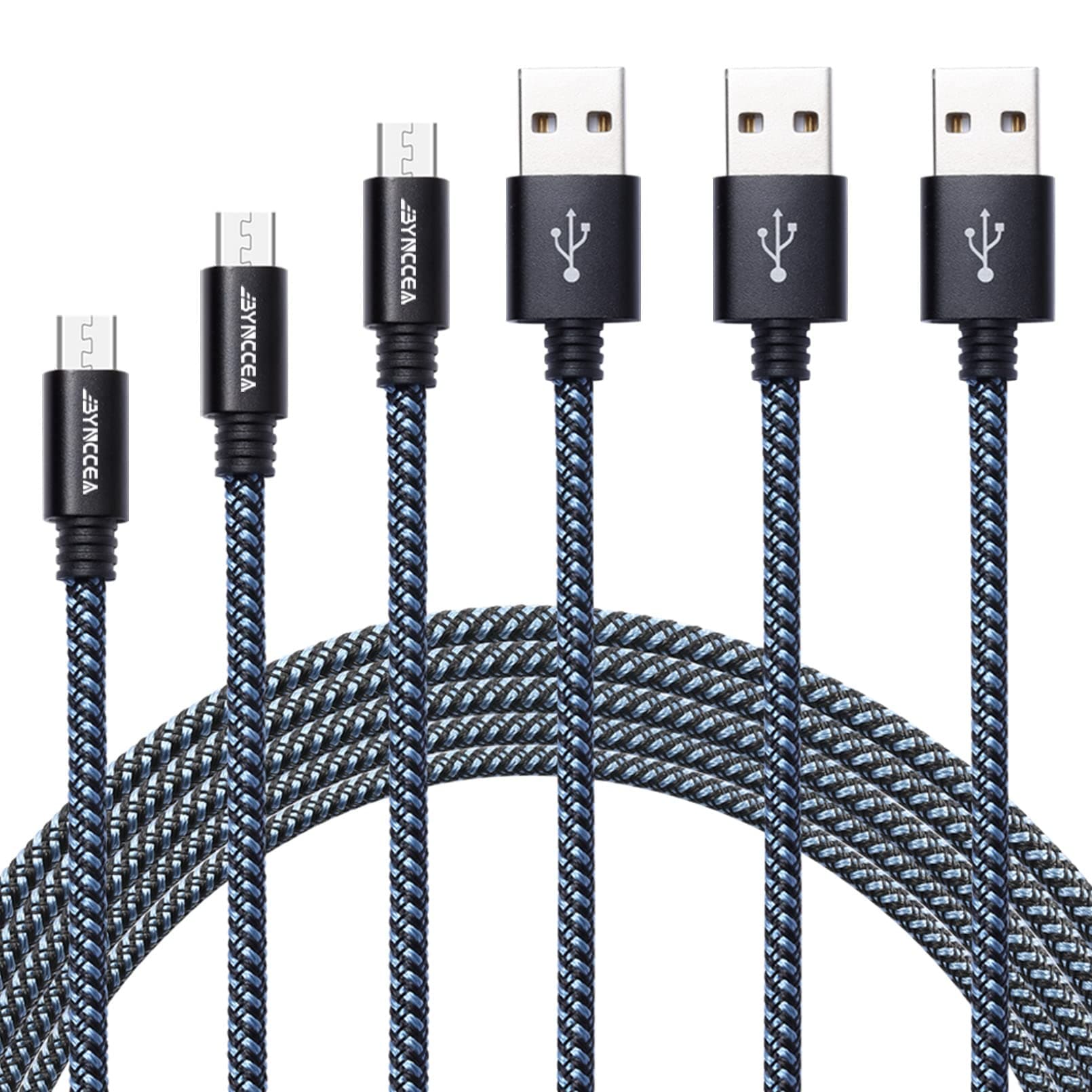 High Speed Micro USB Cable Android,3-Pack FT 3FT 6FT 10FT Cell Phone Charger Cord Nylon Braided Charging Cables Compatible with Samsung LG HTC Kindle BlackBerry Blue