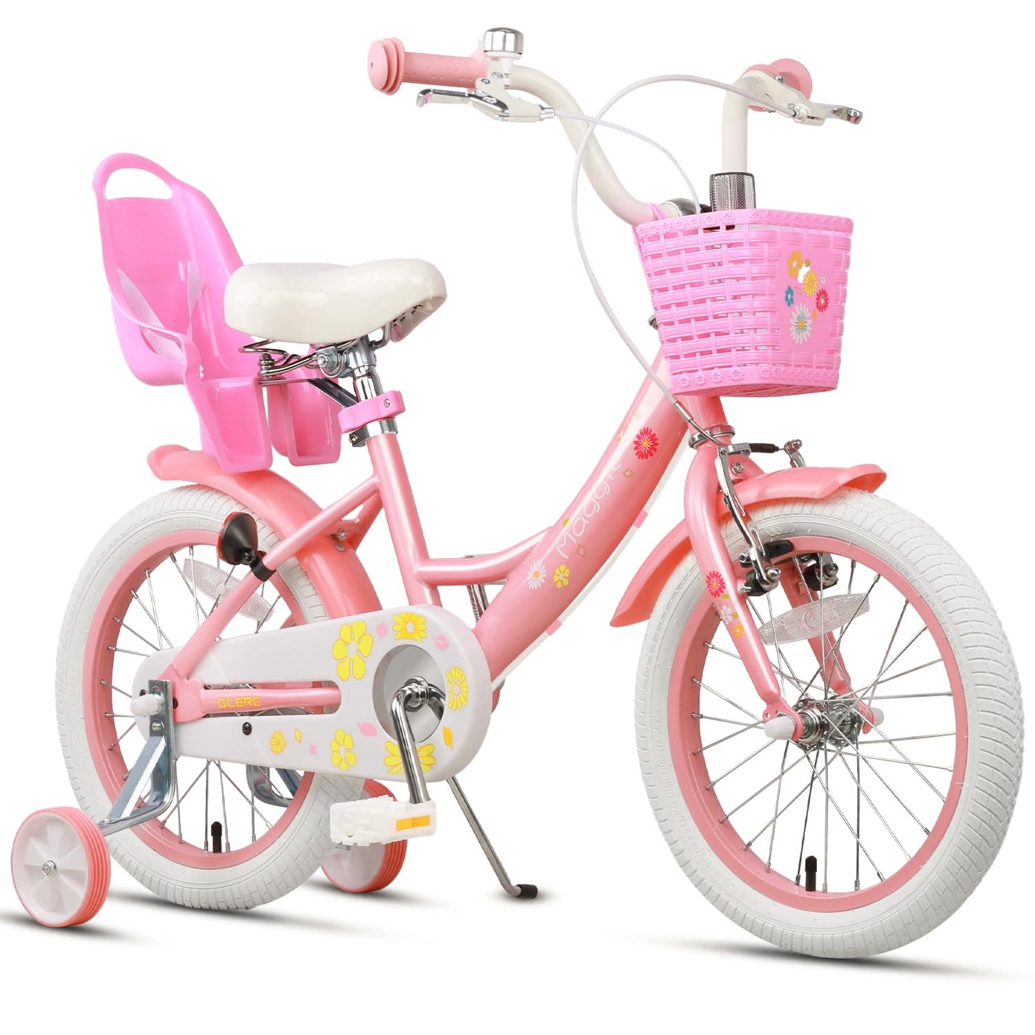 GlercMaggie 12 14 16 20 Inch Bike Ages for 1-13 Year Old Girls Princess Style with Doll-Seat & Basket & Kickstand for Gift, Multiple Colors