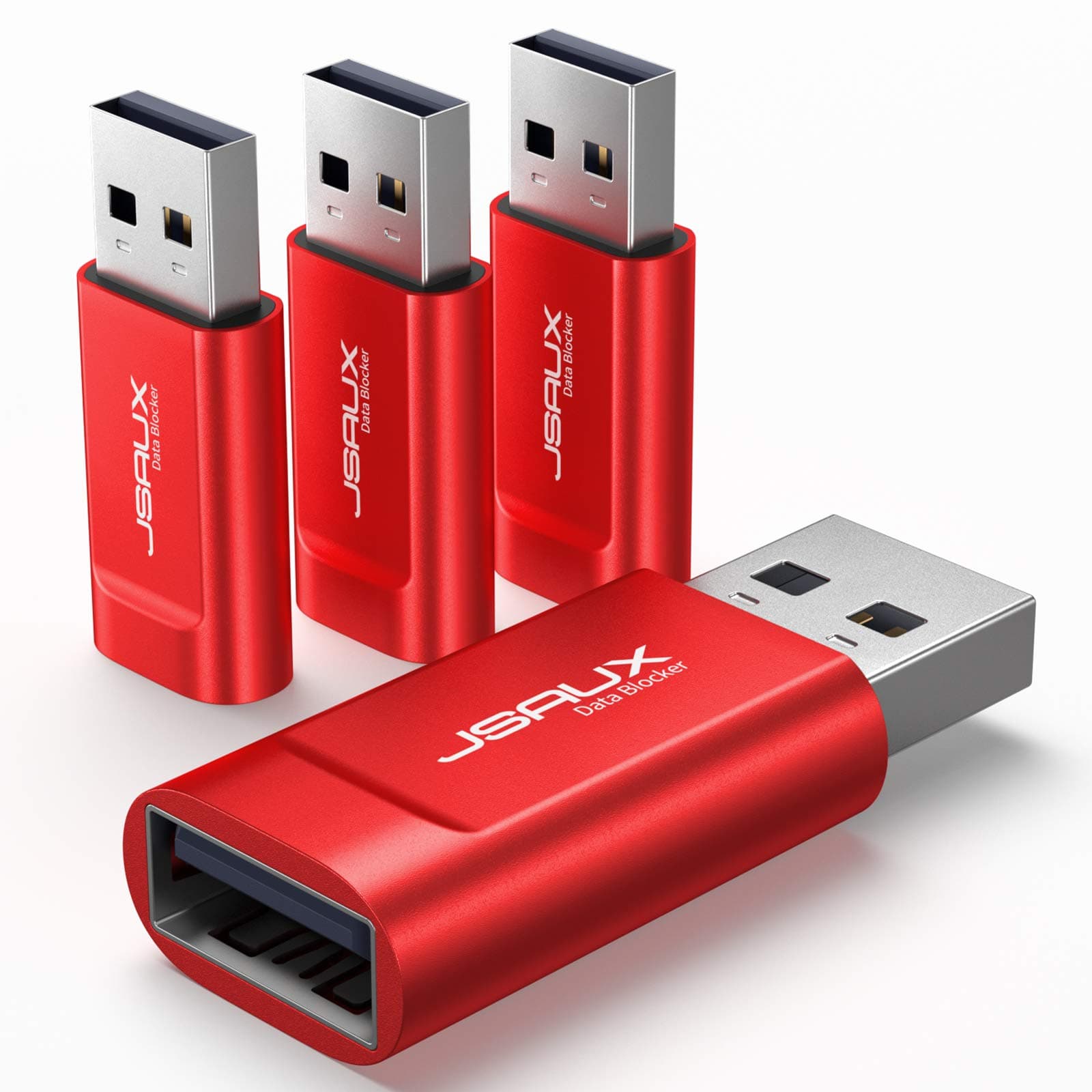 JSAUX USB Data Blocker, (4-Pack) USB A Defender Only for Quick Charge, Protect Against Juice Jacking, Refuse Hacking Provide Safe Charging- Red