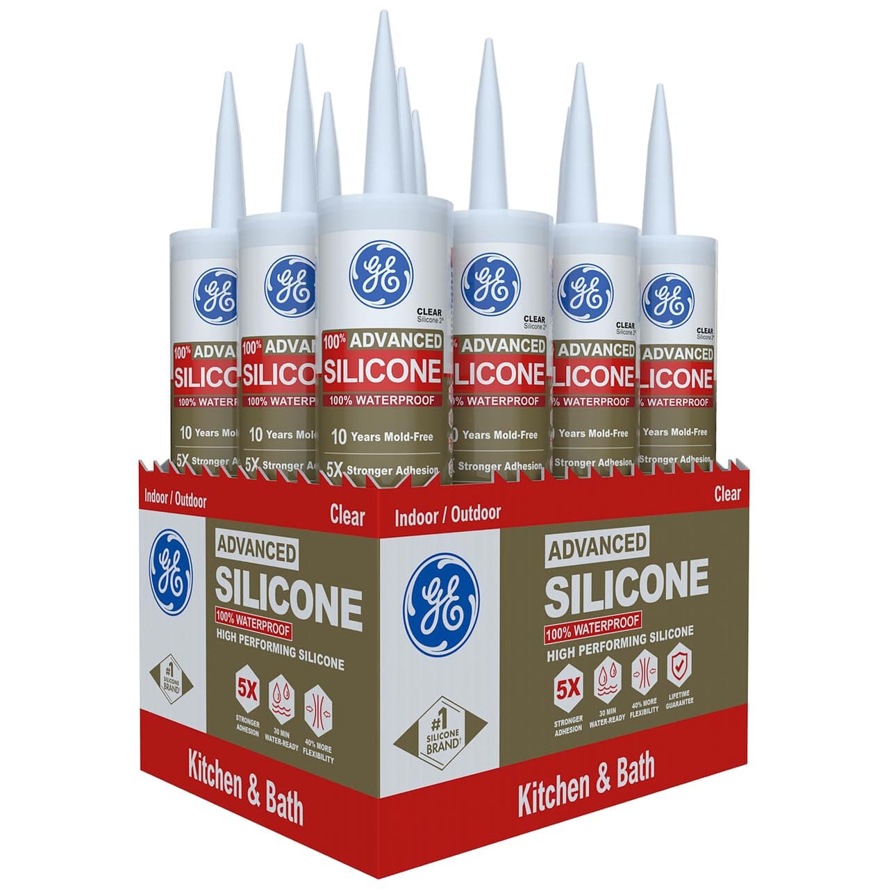GE Advanced Silicone Caulk for Kitchen & Bathroom, Clear, 10 fl oz Cartridge, 12 Pack - 100% Waterproof Silicone Sealant, 5X Stronger Adhesion, Shrink & Crack Proof