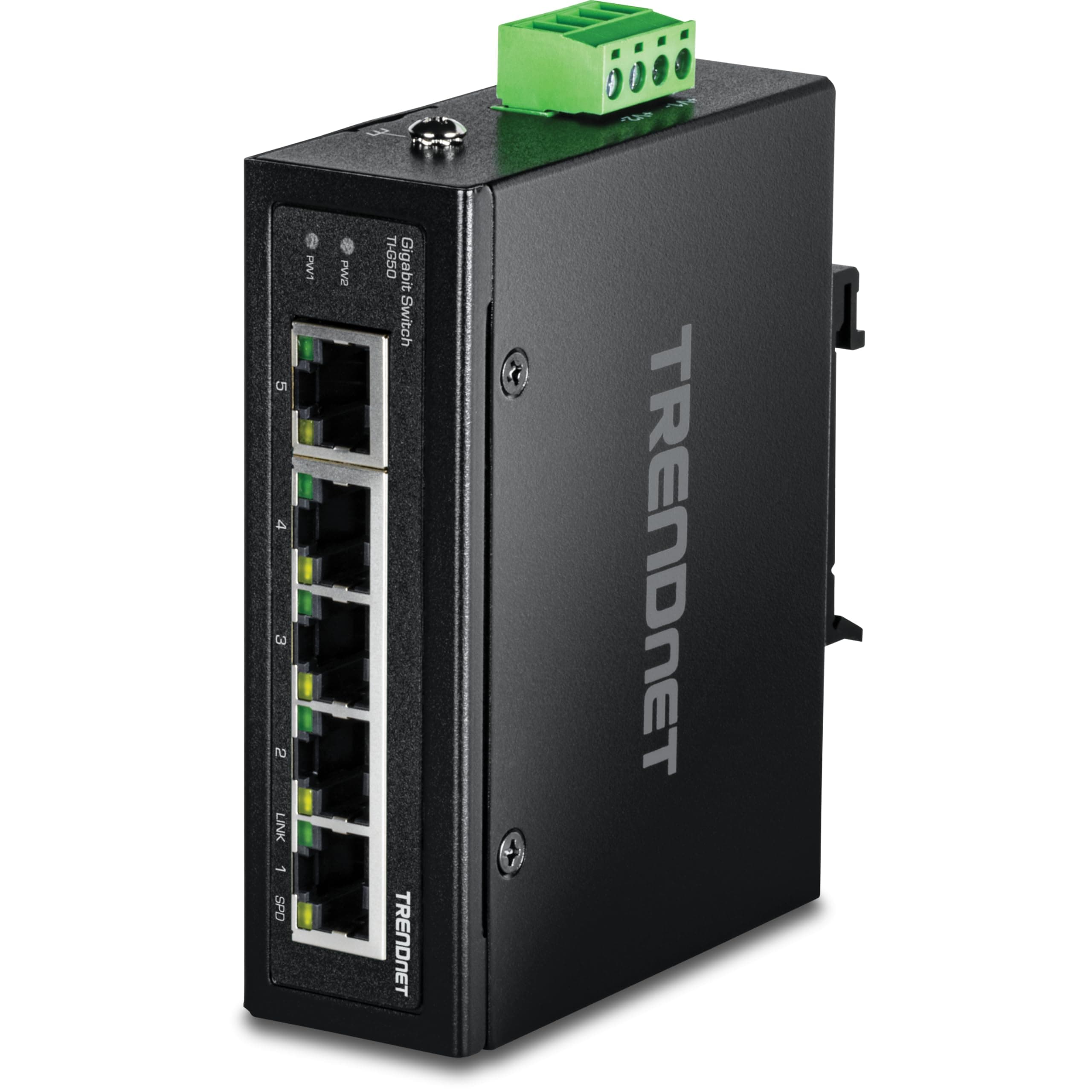 TRENDnet 5-Port Industrial Gigabit Ethernet DIN-Rail Switch, TI-G50, 5 x Gigabit Ethernet Ports, IP50 Rated, 10Gbps Switching Capacity, NDAA TAA Compliant, Lifetime Protection