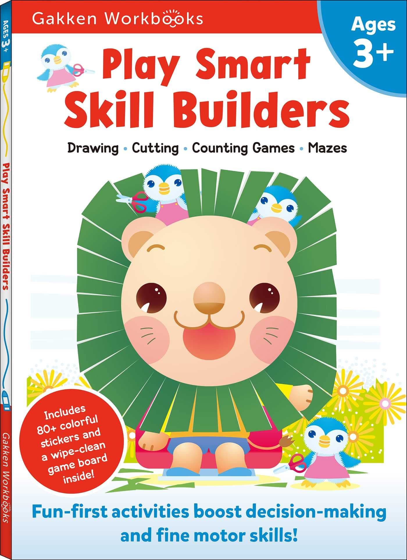 Play Smart Skill Builders Age 3+: Preschool Activity Workbook with Stickers for Toddlers Ages 3, 4, 5: Build Focus and Pen-control Skills: Tracing, Mazes, Matching Games, and More (Full Color Pages)