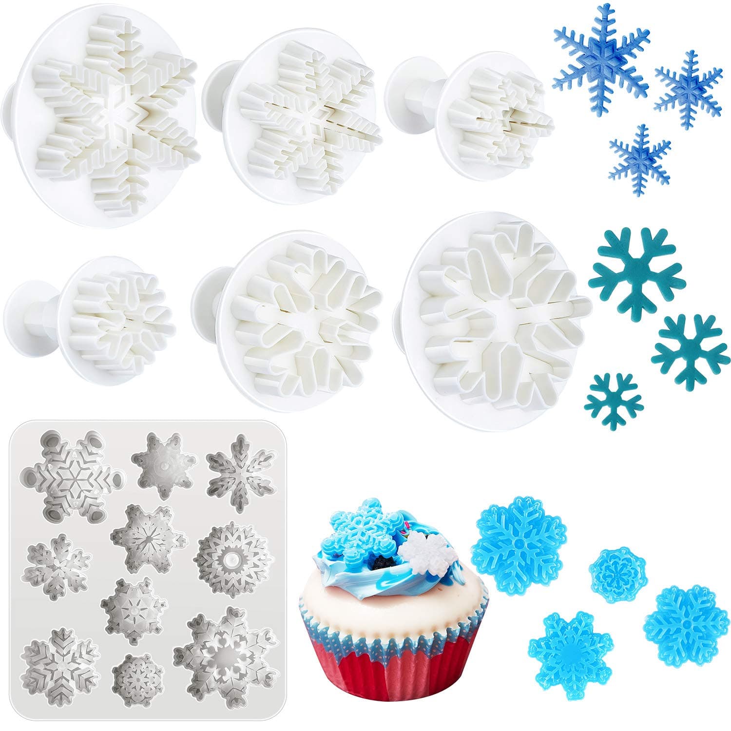 Patelai 7 Pcs Snowflake Mold Set Includes 6 Pcs Snowflake Fondant Cutters and 3D Silicone Molds Plunger Cookies Cutters for Winter Candy Chocolate Cake Decoration Polymer Clay DIY Project