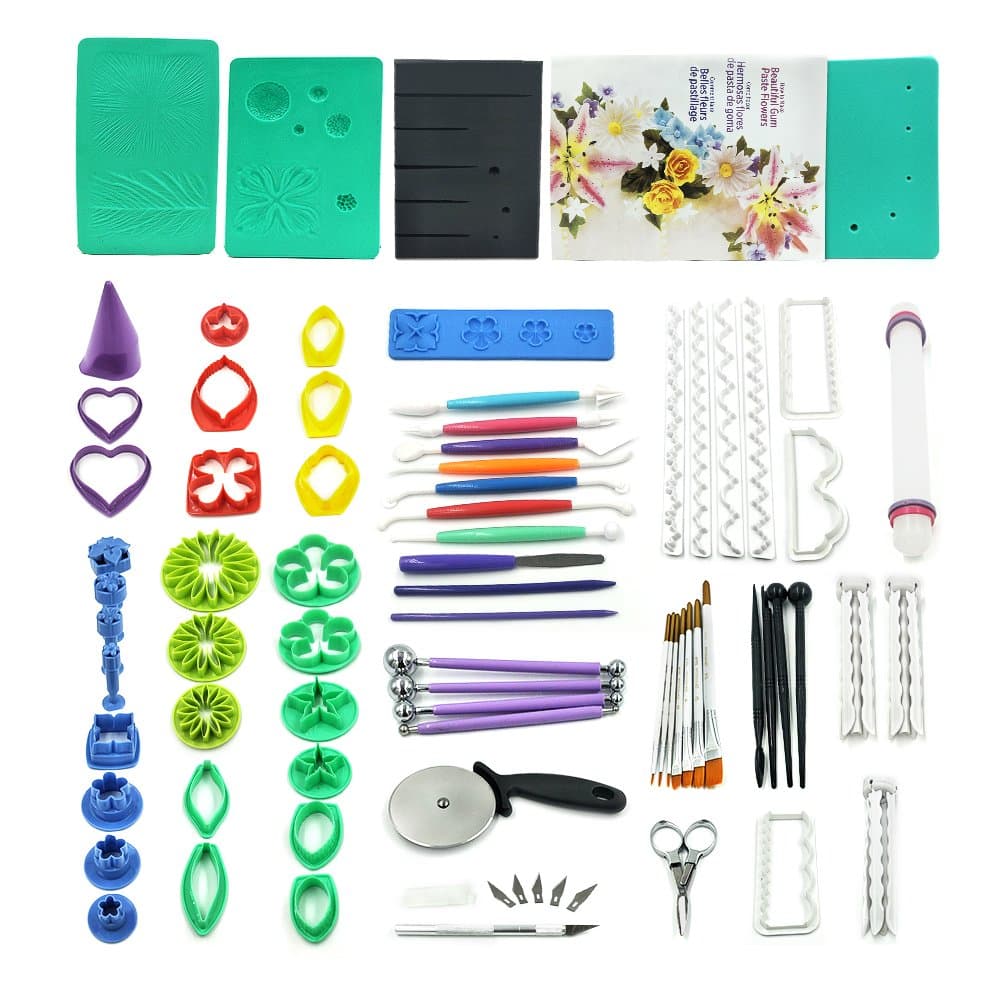 73pcs Gum Paste Flower & Leaf Tools Kit with 36 Flowers Cutter Set,2 Impression Mat,8 Modelling Tool,Baking Book,4 Ball Tools,3 Flowers Drying Rack,6 Filling Stick,7 Brush,6 Set Cake Decorating Tools