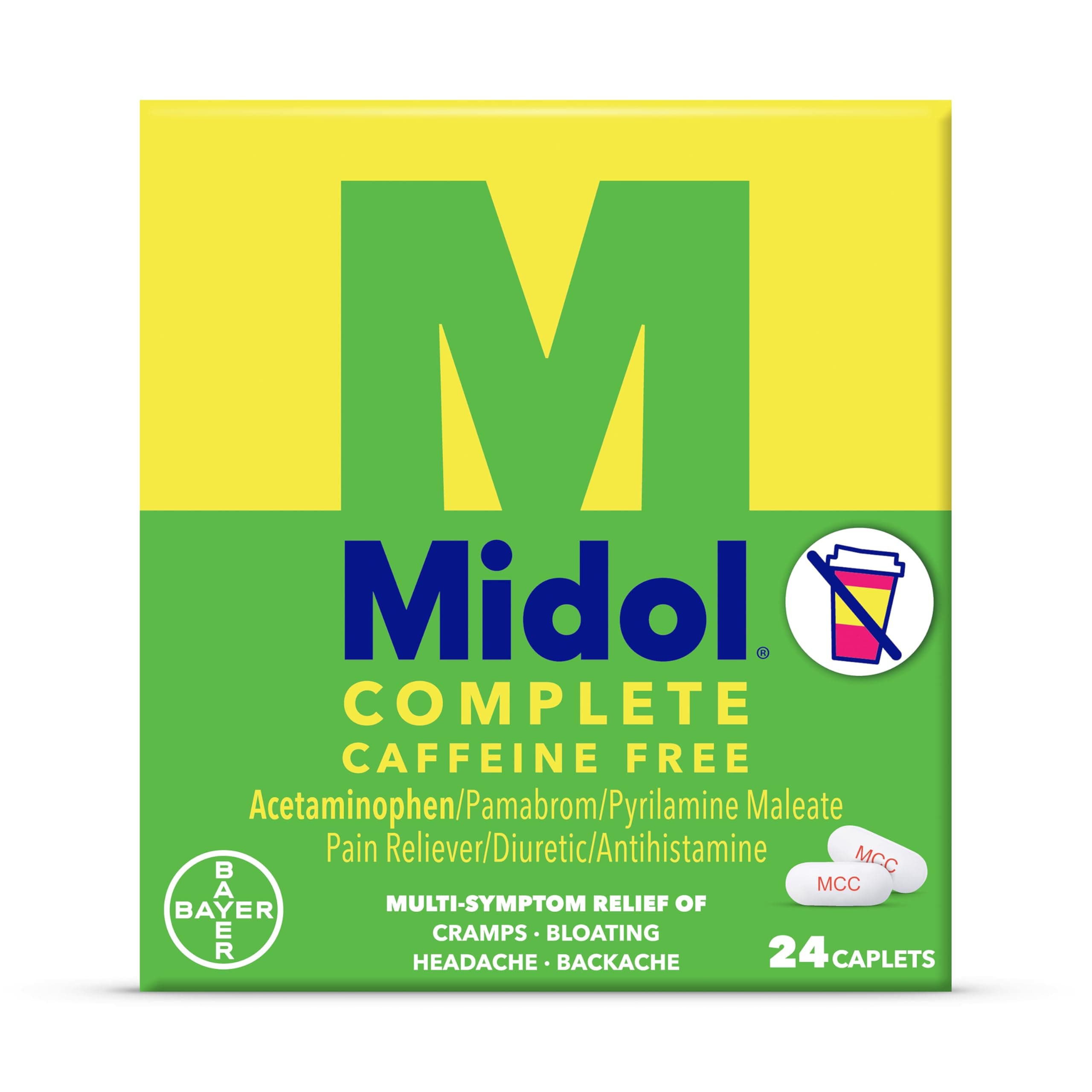 Midol Complete Caffeine Free Caplets 24ct: Midol Complete Caffeine Free Menstrual Pain Relief Caplets with Acetaminophen, Provides Headache Relief and Period Cramps Relief, 24 Count