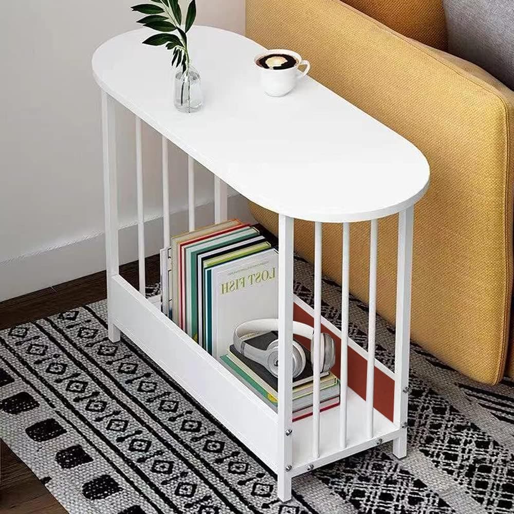 Small End Table Oval Side Table for Small Spaces, Sofa Side Table for Living Room Balcony Reception, Slim Coffee Table Modern Nightstand with Storage for Bedroom Home Office Furniture (White)