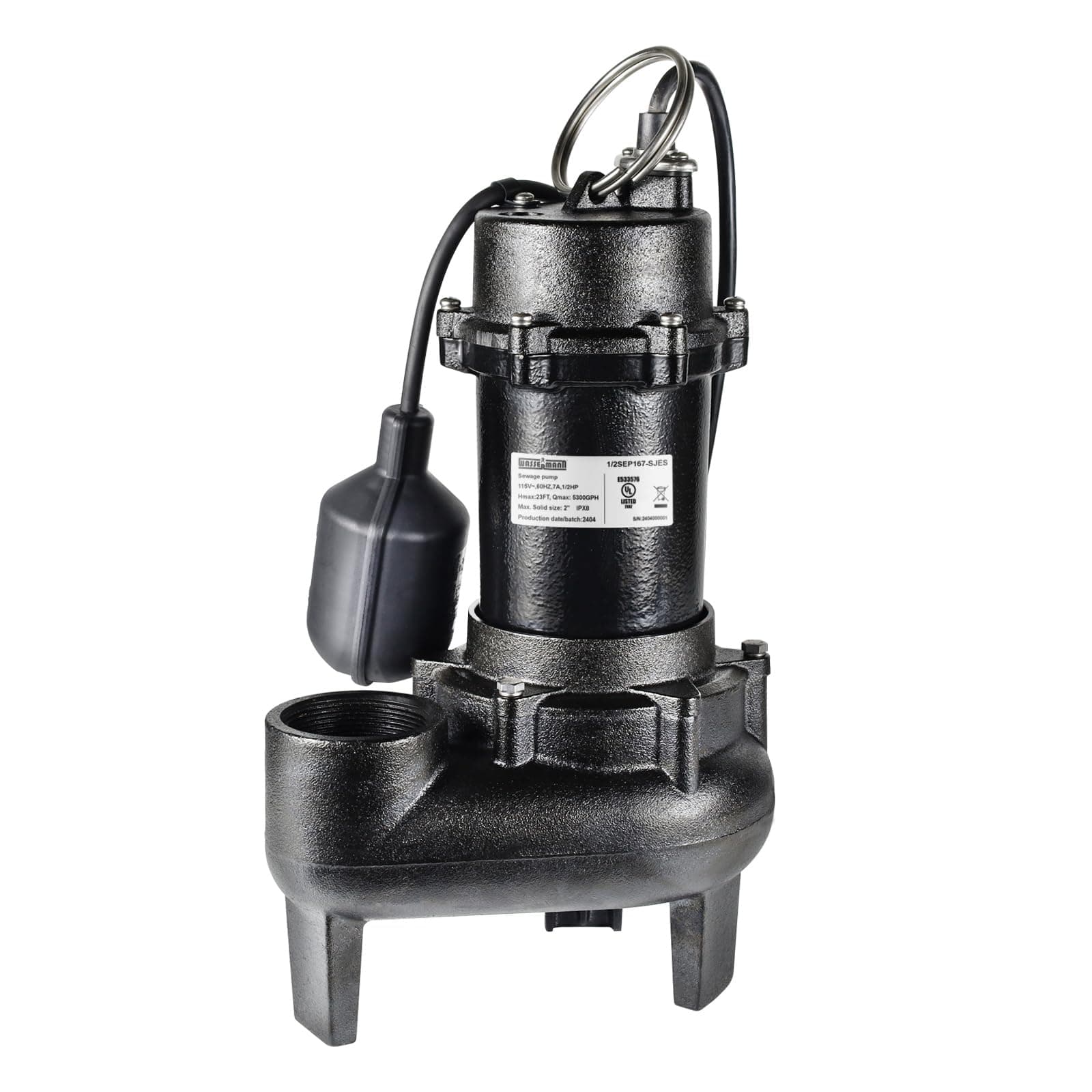 1/2 HP Sewage Pump with Auto Float Switch, 115V 5300 GPH Cast Iron Submersible Sewage Pump, Sump Pump for Basement Sump Basin Sewage Well 2" NPT Discharge with 10 FT Cable