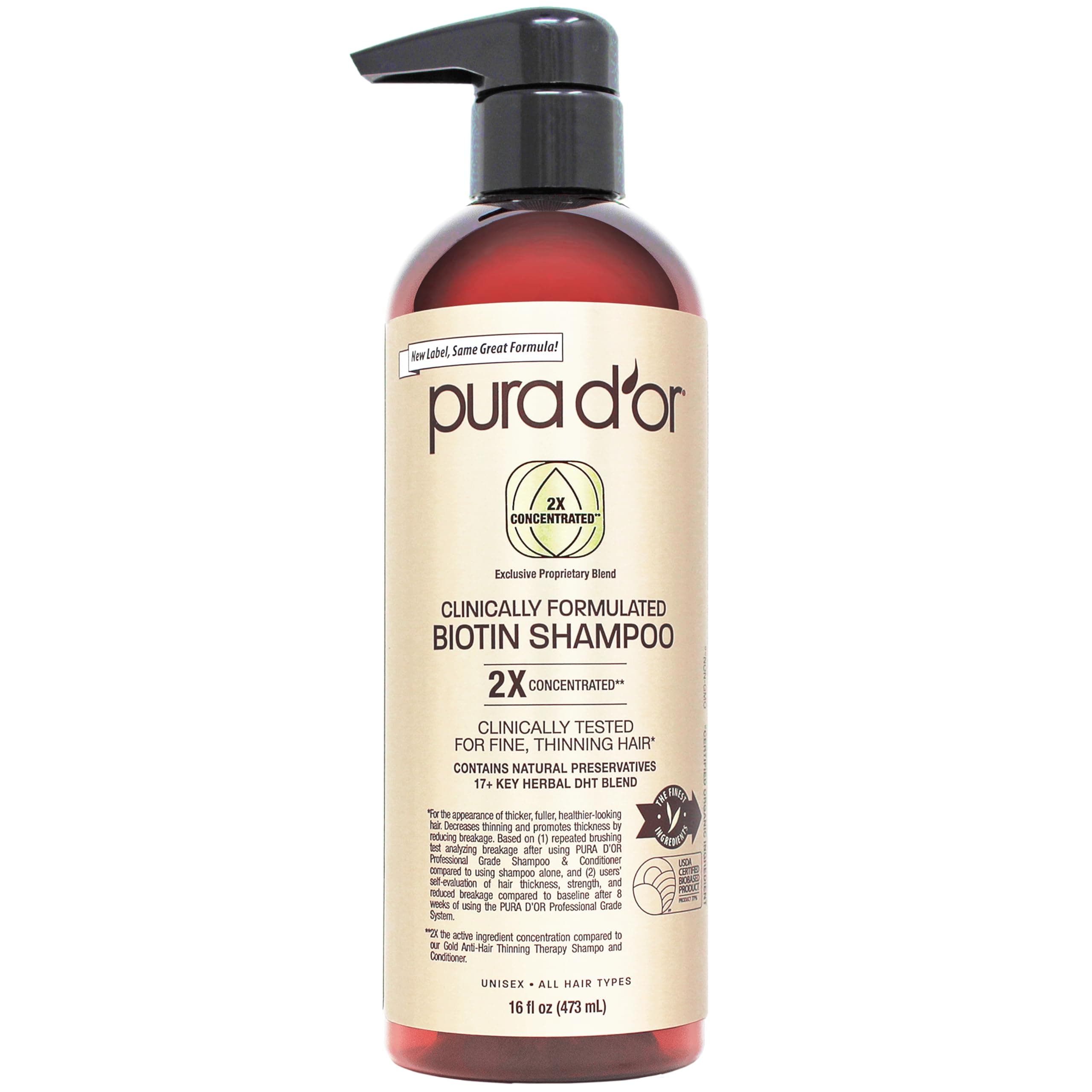 PURA D'OR Professional Grade Biotin Shampoo, Clinically Proven Anti-Thinning Hair Care, 2X Concentrated DHT Blocker Hair Thickening Products For Women & Men, 16oz