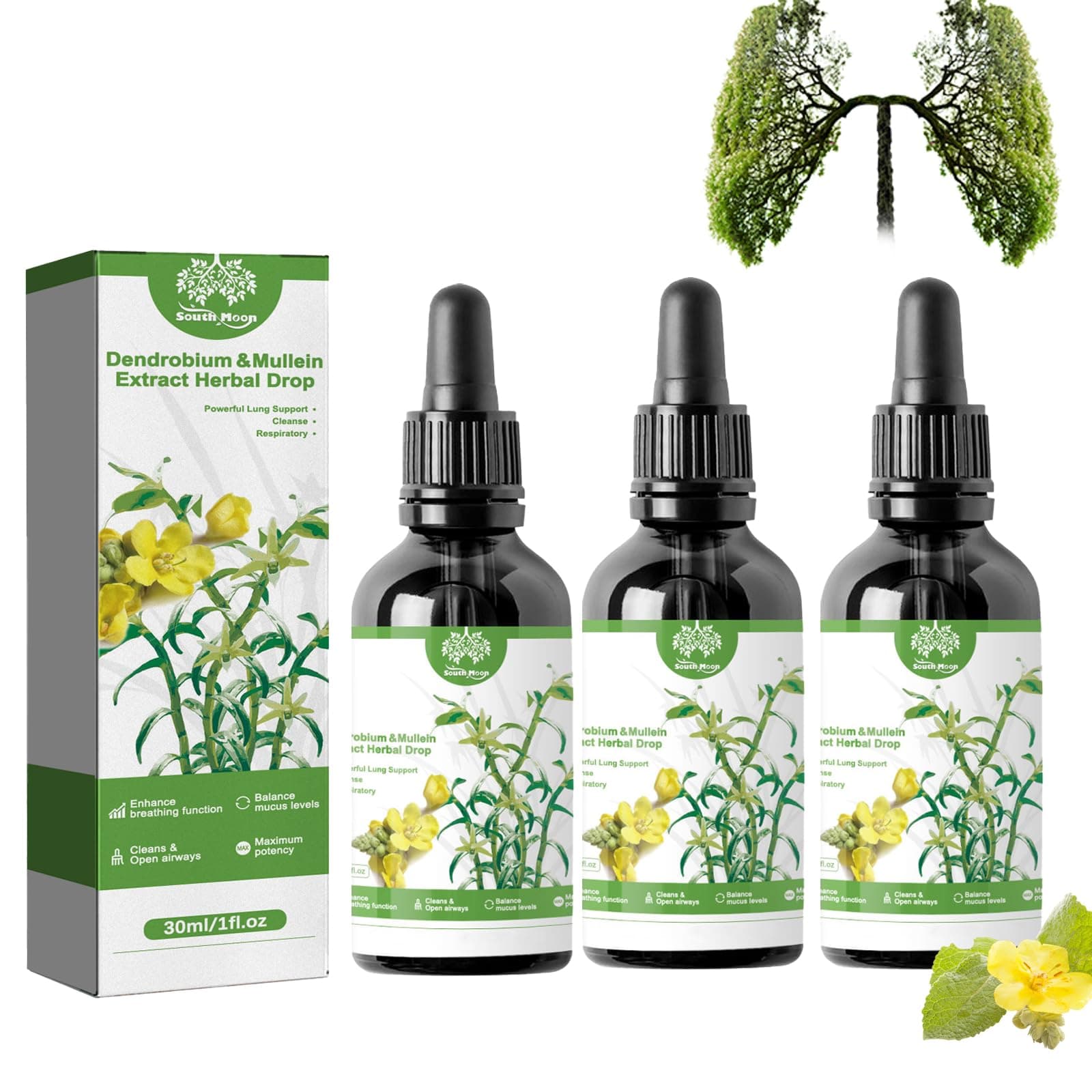 Dendrobium & Mullein Extract 3Pcs Mullein Leaf Extract for Lungs Mullein Drops for Lungs Lung Cleanse Lignosus for Lungs Effective Mucus Expulsion and Respiratory Cleanse