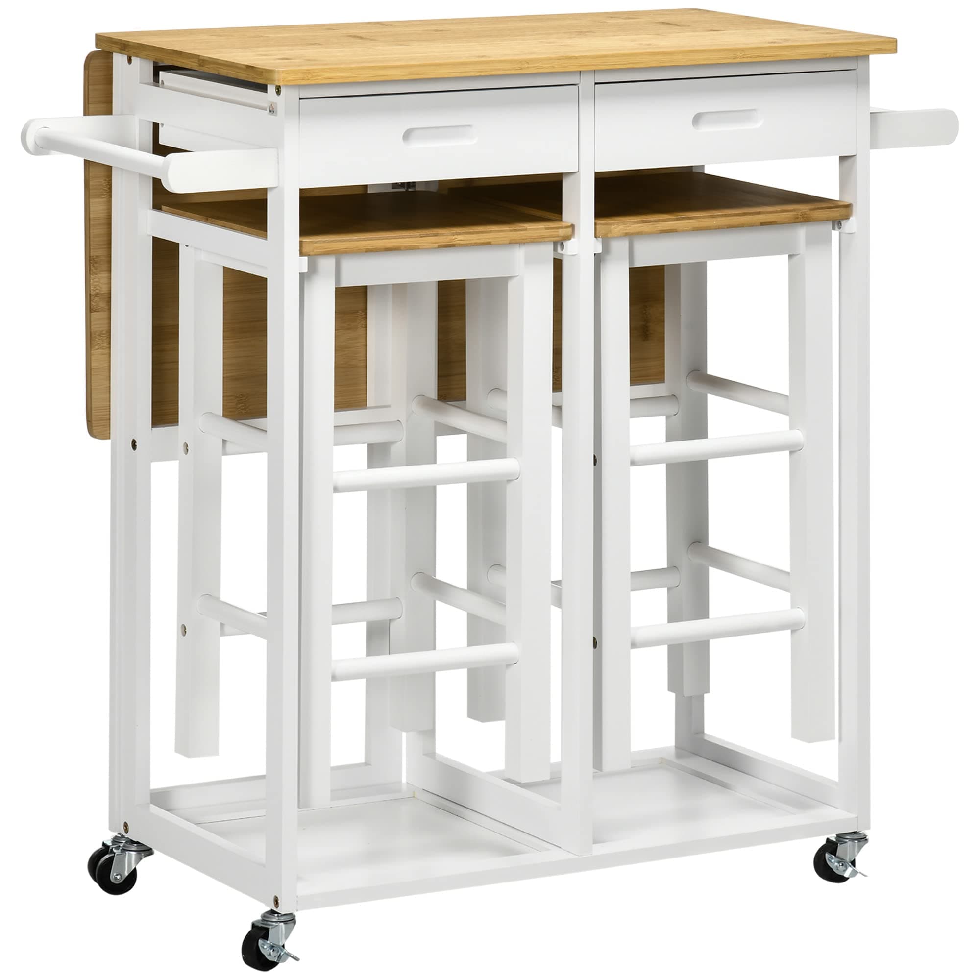 Bamboo Breakfast Cart with Drop Leaf Table and 2 Stools