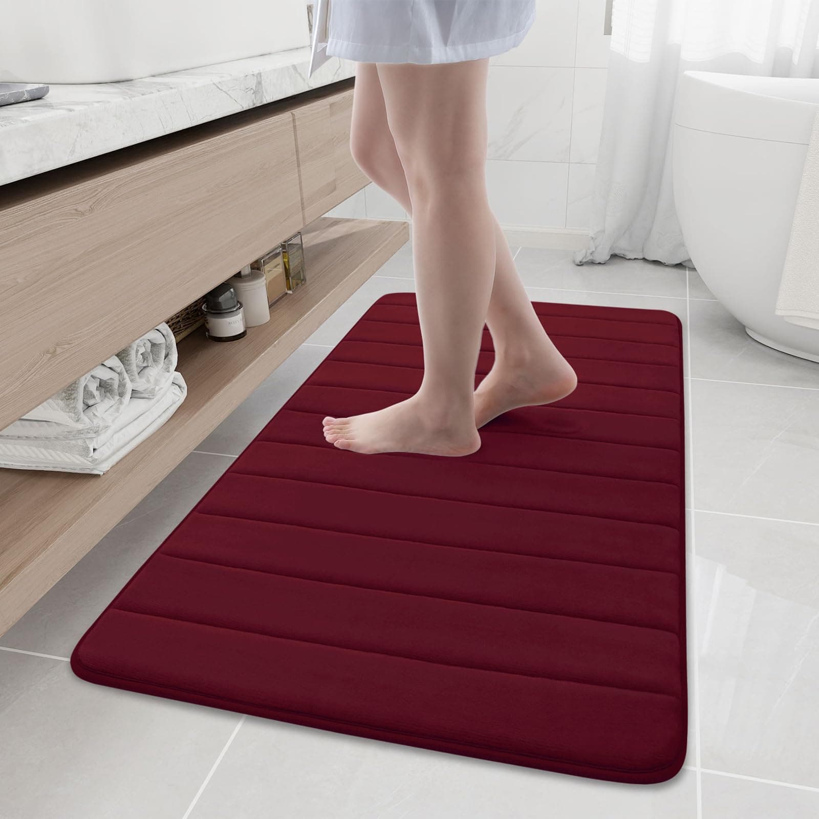 Buganda Memory Foam Bath Mat, 47" x 24", Ultra Soft and Non-Slip Bathroom Rugs, Water Absorbent and Machine Washable Bath Rug Runner for Bathroom, Shower, and Tub, Burgundy